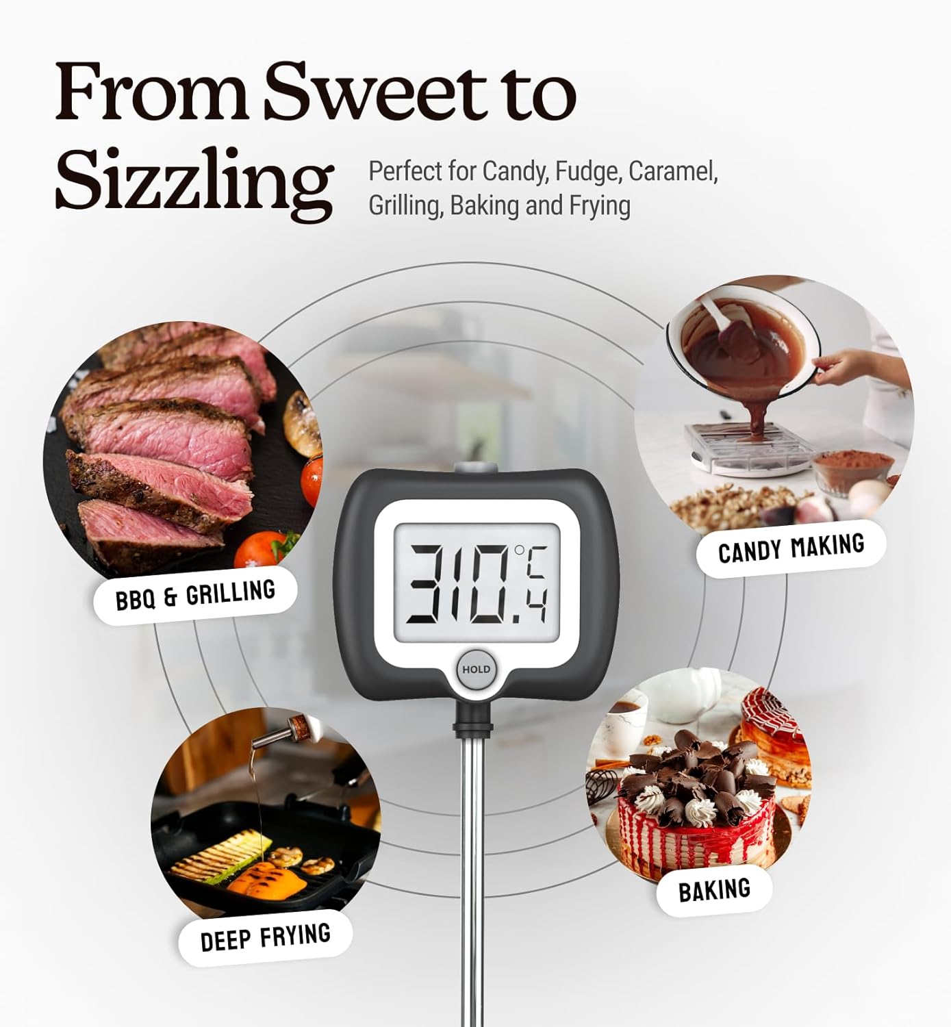 Digital Candy Thermometer with Pot Clip, 10" Long Stainless Steel Probe, Instant Read Kitchen Thermometer for Cooking, Baking, and Candy Making (Black)