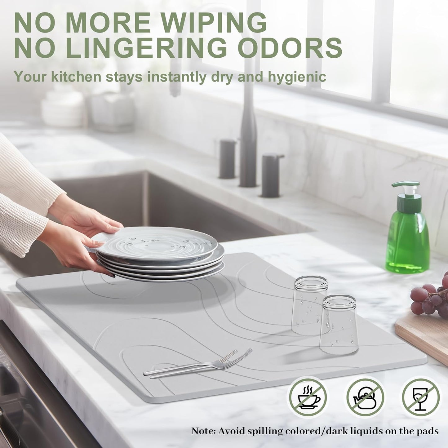 Large Stone Drying Mat for Kitchen Counter, 24" × 16" Diatomite Dish Drying Mat, Quick Dry Stone Mats, Ultra Absorbent Natural Diatomaceous Earth Mats for Dished, Bottles, Light Grey