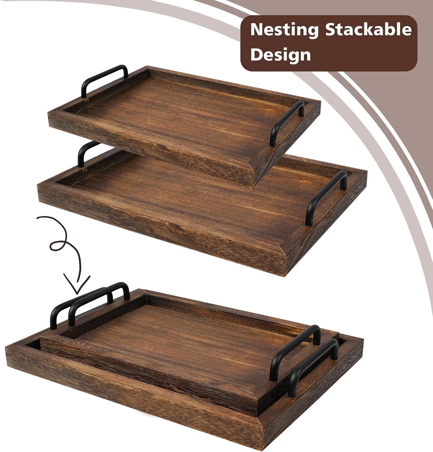 LIBWYS Rustic Wooden Serving Trays with Handle-Set of 2-Decorative Nesting Food Board Platters for Breakfast, Coffee Table/Butler (Large 15.8x11.8x1.2 inches, Small 13.4x9.4 x1.2 inches)