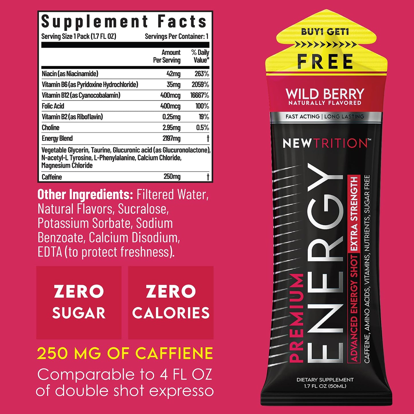 NewTrition® Extra Strength Energy Shots, 250mg Caffeine Energy Shots with Vitamin B & Amino Acids, Sugar-Free Vitamin Energy Shot, 1.7 fl oz (Pack of 12, Wild Berry)