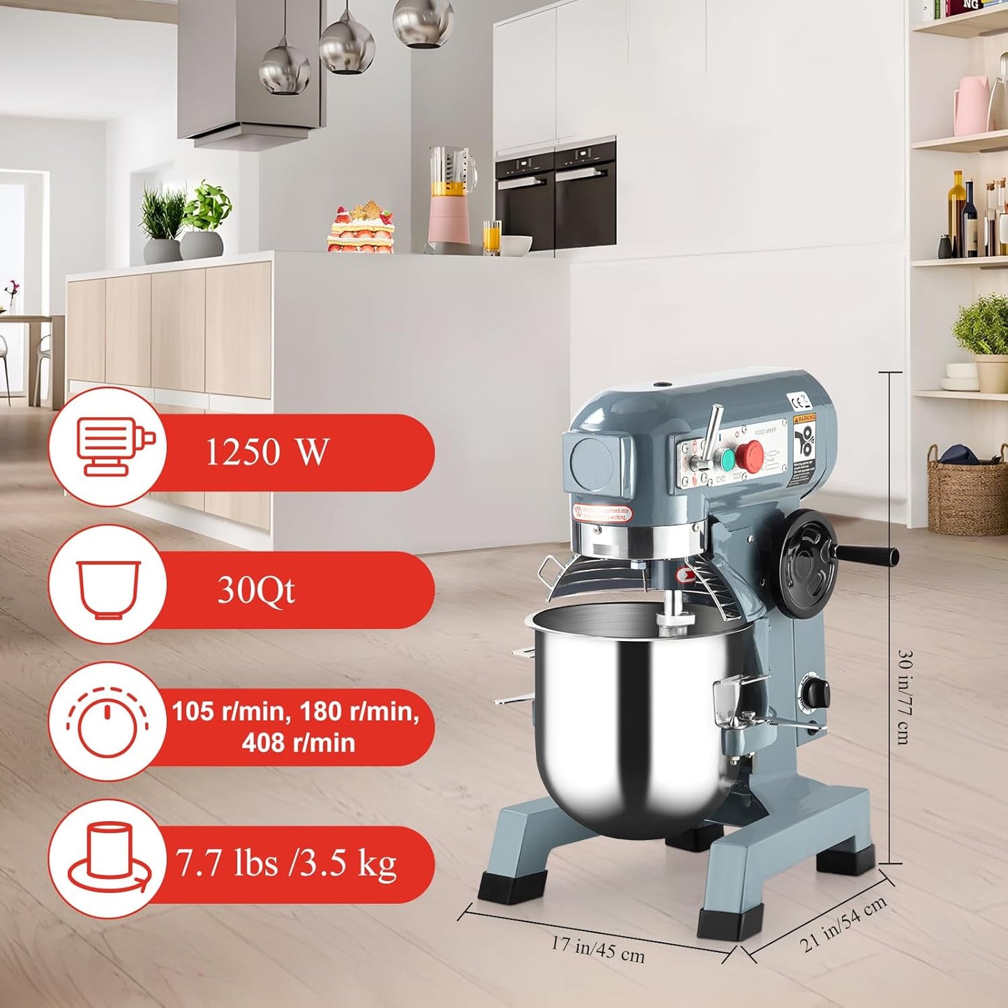 30QT Commercial Mixer, 1250W Stainless Steel Commercial Food Mixer with 3 Speed Adjustable, Large Capacity Commercial Stand Mixer Food Mixing Machine for Bakery Pizzeria Restaurant