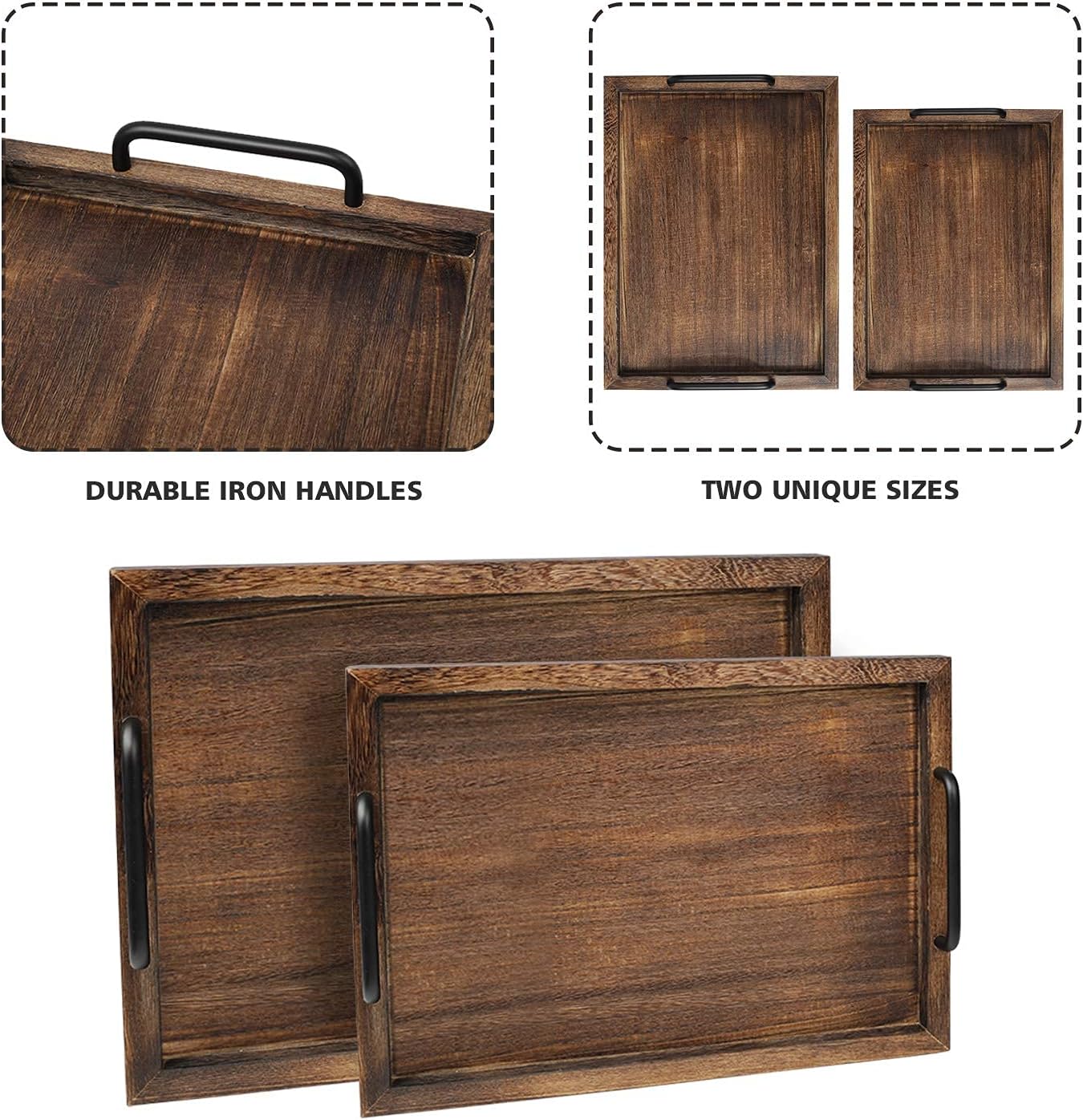 LIBWYS Rustic Wooden Serving Trays with Handle-Set of 2-Decorative Nesting Food Board Platters for Breakfast, Coffee Table/Butler (Large 15.8x11.8x1.2 inches, Small 13.4x9.4 x1.2 inches)