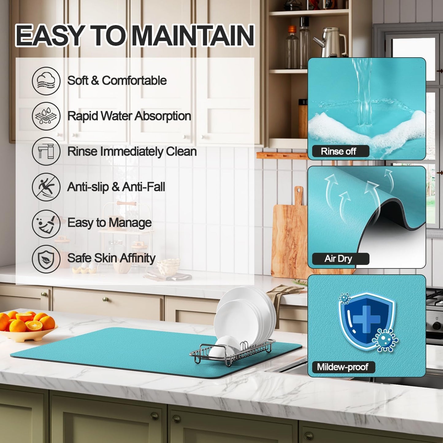 Dish Drying Mat for Kitchen Counter | Coffee Bar Mat for Countertops | Heat Resistant Drainer Mat with Non-slip Rubber Backed | Hide Stain Kitchen Absorbent Draining Mat | Turquoise 16"x24"