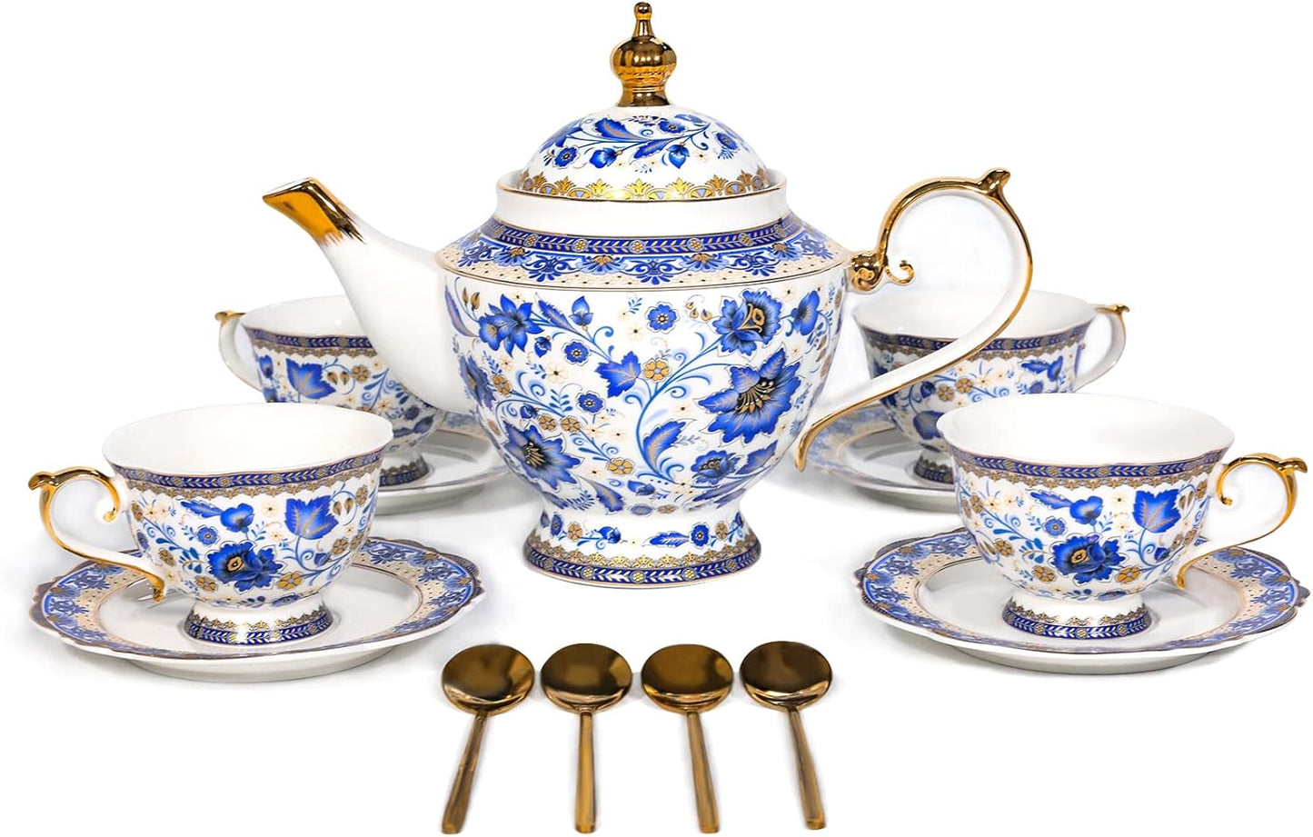 ACMLIFE Bone China Tea Set for Adults, Blue and White Tea Set for 4, Porcelain Vintage Floral China Sets for Women Party with Teapot or Gift Giving (Blue and White)