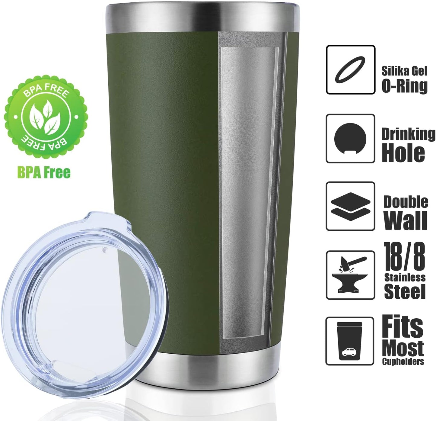 DOMICARE 20oz Stainless Steel Tumbler Bulk with Lid, Double Wall Vacuum Insulated Travel Mug, Powder Coated Coffee Cup, Army Green, 1 Pack