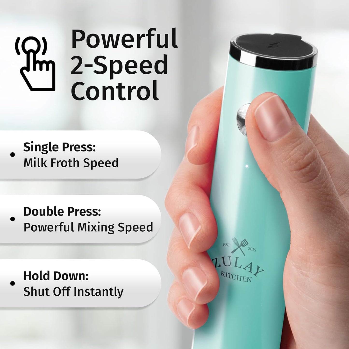 Zulay Kitchen Lux Rechargeable Milk Frother Handheld - Powerful 2-Speed Motor, Fully Waterproof, 2000mAh Battery - Drink Mixer For Latte, Cappuccino, Matcha, Protein Powder - Sky Blue