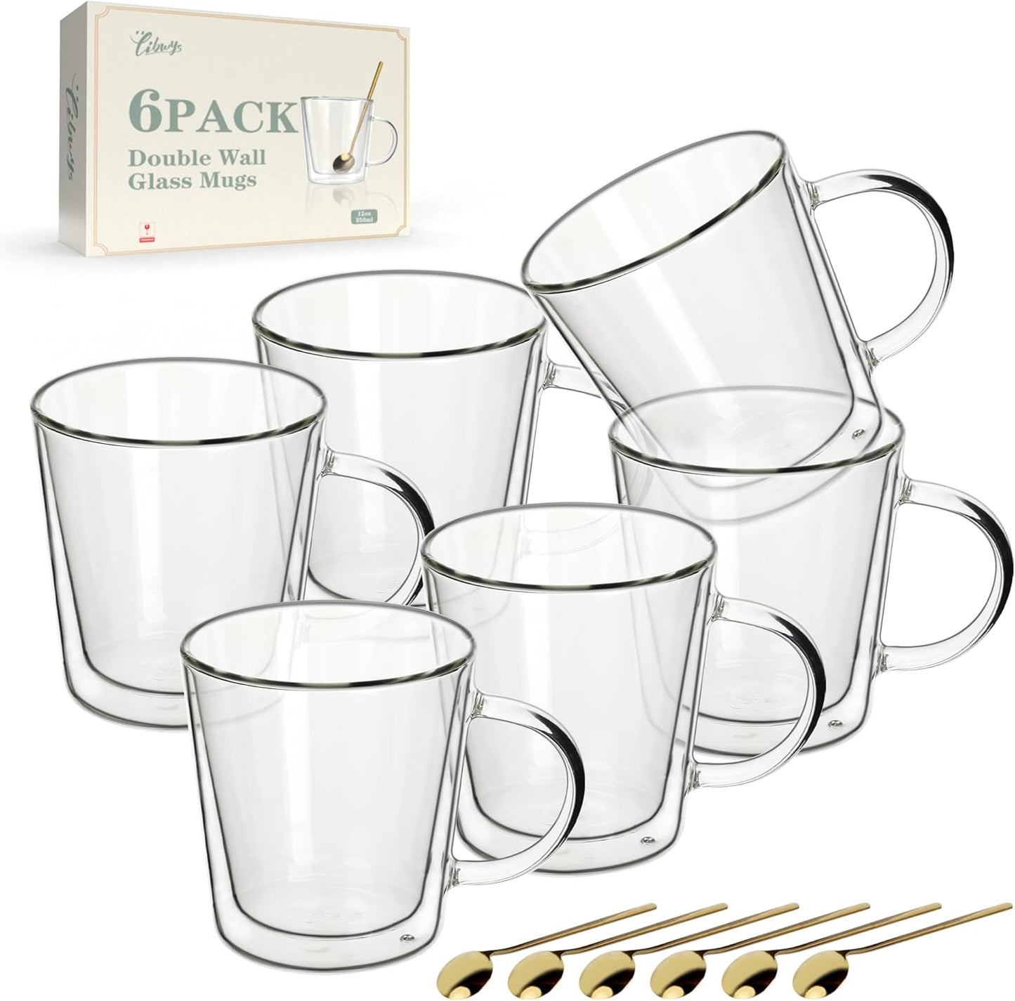 LIBWYS 12oz Double Wall Glass Coffee Mugs, Cappuccino Latte Tea Cups with Handle, Heat Resistant Borosilicate Insulated Clear Glasses (Set of 6)
