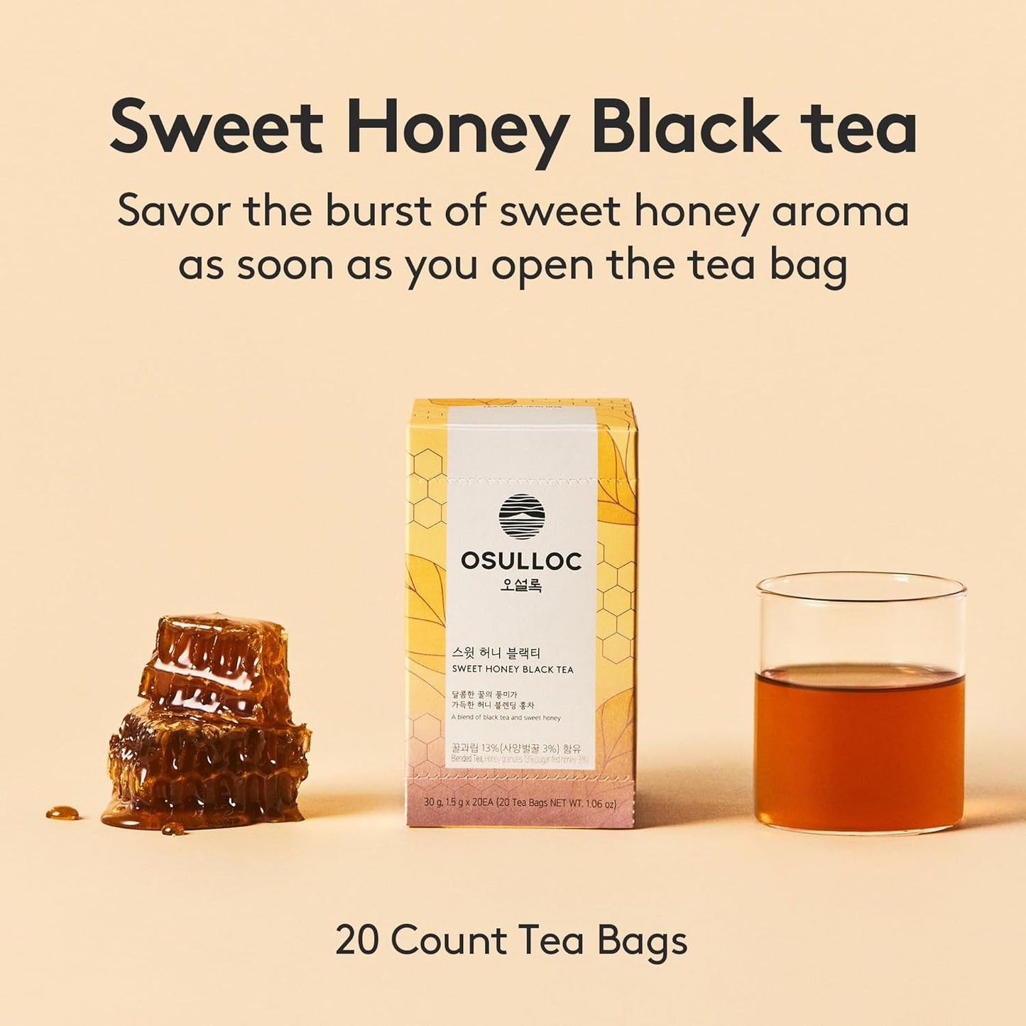 OSULLOC Sweet Honey Black Tea (20 count, 1.06 oz) Black tea filled with Sweet Flavor of Honey, Premium Blended Tea bags from Jeju Island