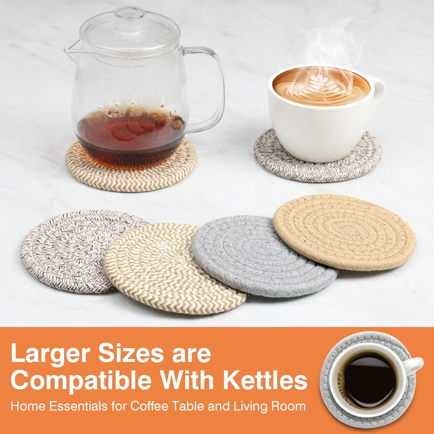 Large 4.8" Cotton Coasters for Drinks Set of 2, Oversized Absorbent Brown Fabric Cup Mats for Coffee Mugs, Boho Desk & Nightstand Drink Pads, Durable Minimalist Coasters for Home Décor(Caffè no)