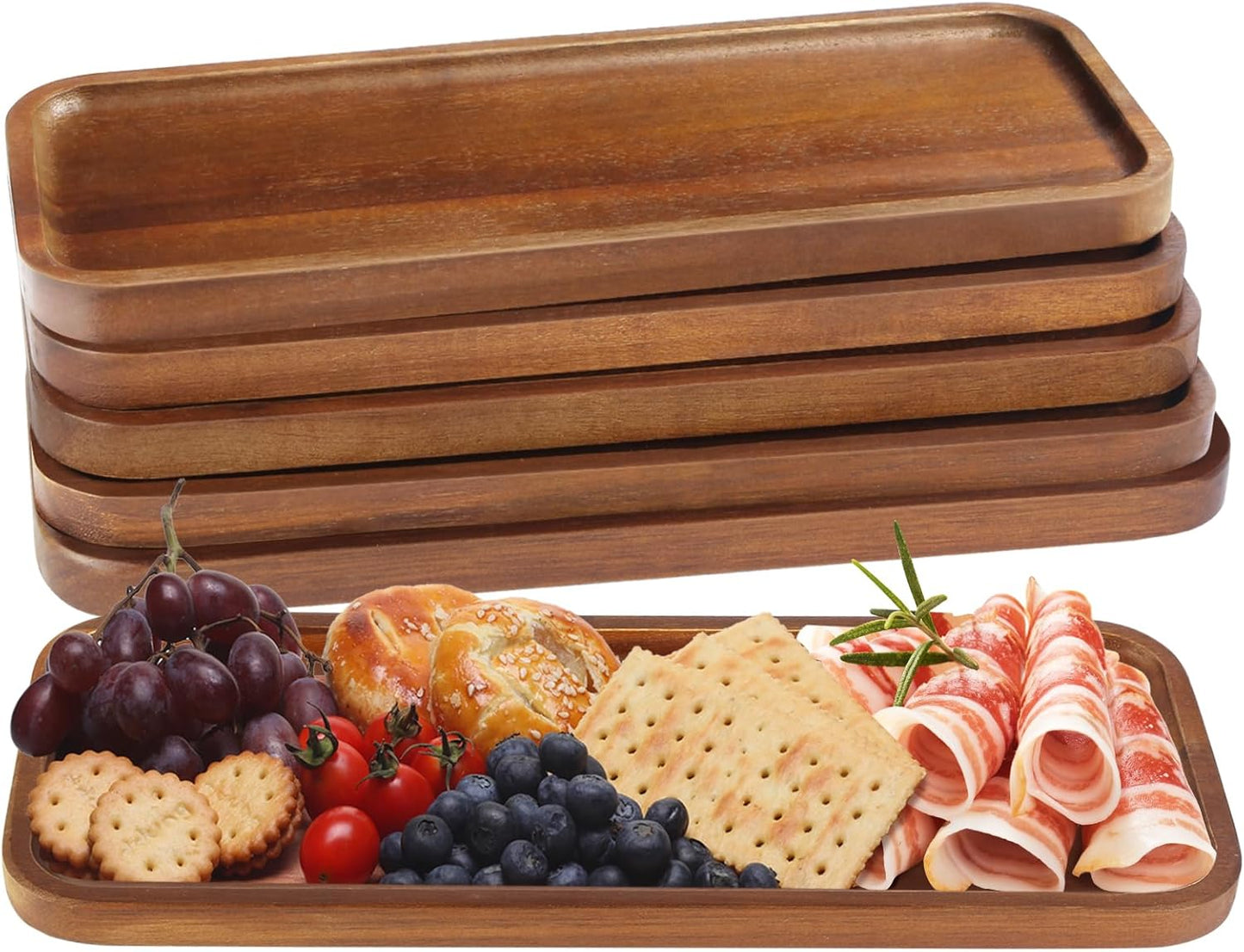 Solid Acacia Wood Serving Trays and Platters - Wooden Mini Charcuterie Boards, Rectangle Small Cheese Board for Food, Bathroom, Home Decor, Kitchen Counter, (14"x5.5", 6 Pack)