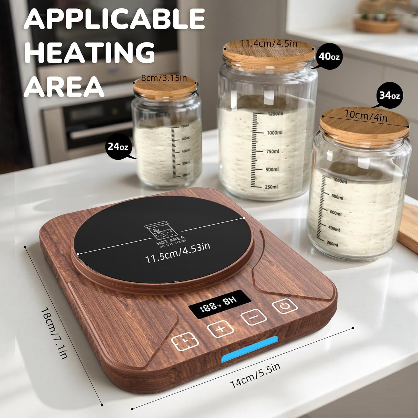 Sourdough Starter Warmer Mat - 24H Timer - Precise 1°F Thermostat Control (70-100°F) - Smart Memory Warming On/Off - Fits Jars Up to 40oz - Perfect for Home Baking (Brown)