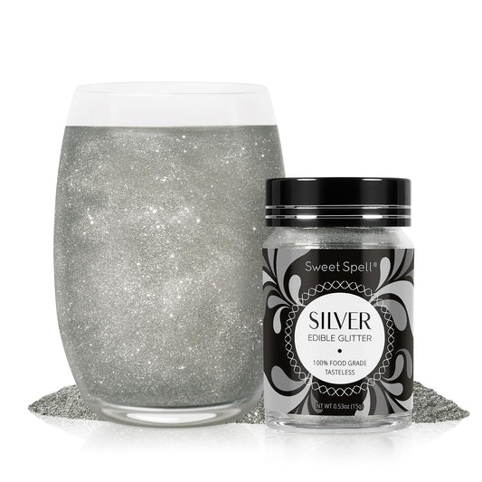 Sweet Spell Edible Glitter (15g) - Shimmer Sparkles for Drinks, Cakes, Cocktails - 100% Edible & Food Grade Glitter, Vegan, Gluten-Free (Silver)