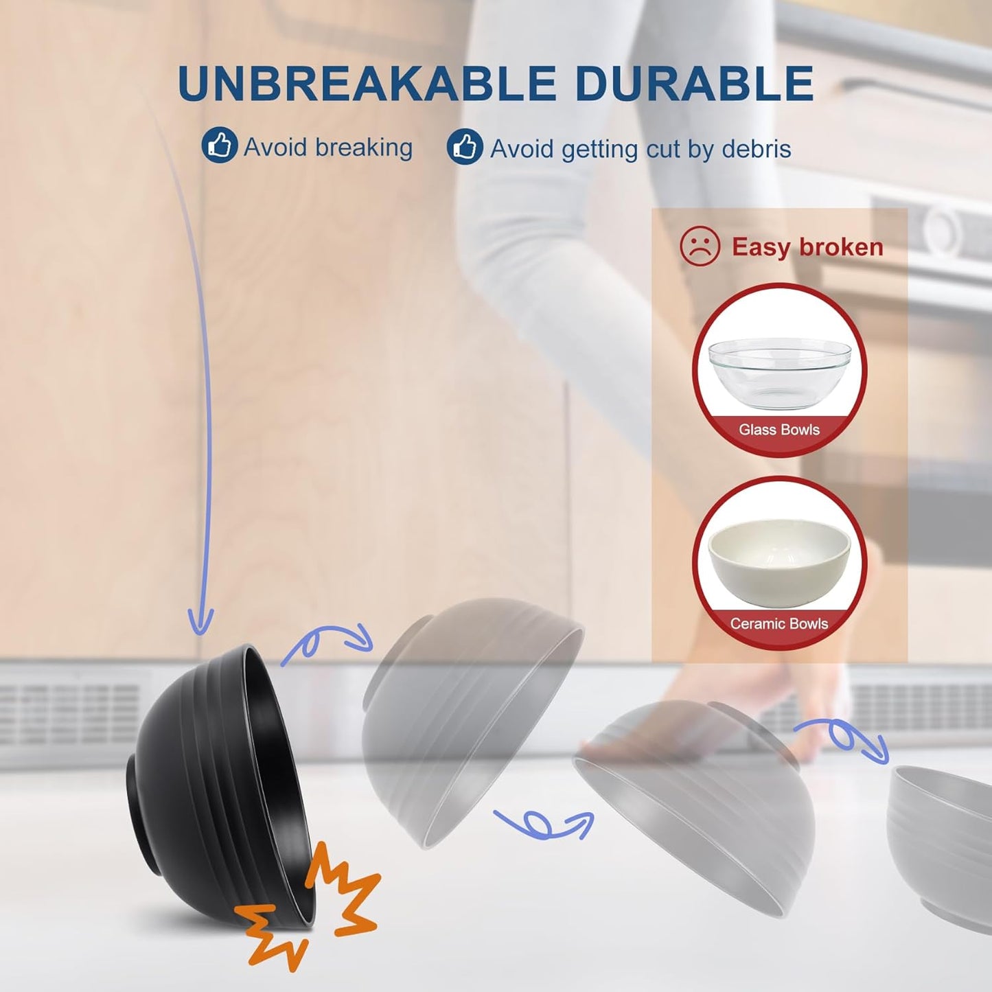 HOTEC BPA Free Unbreakable Wheat Straw Cereal Bowls - Microwave & Dishwasher Safe Soup and Salad Bowls, Set of 8, 26oz, Black