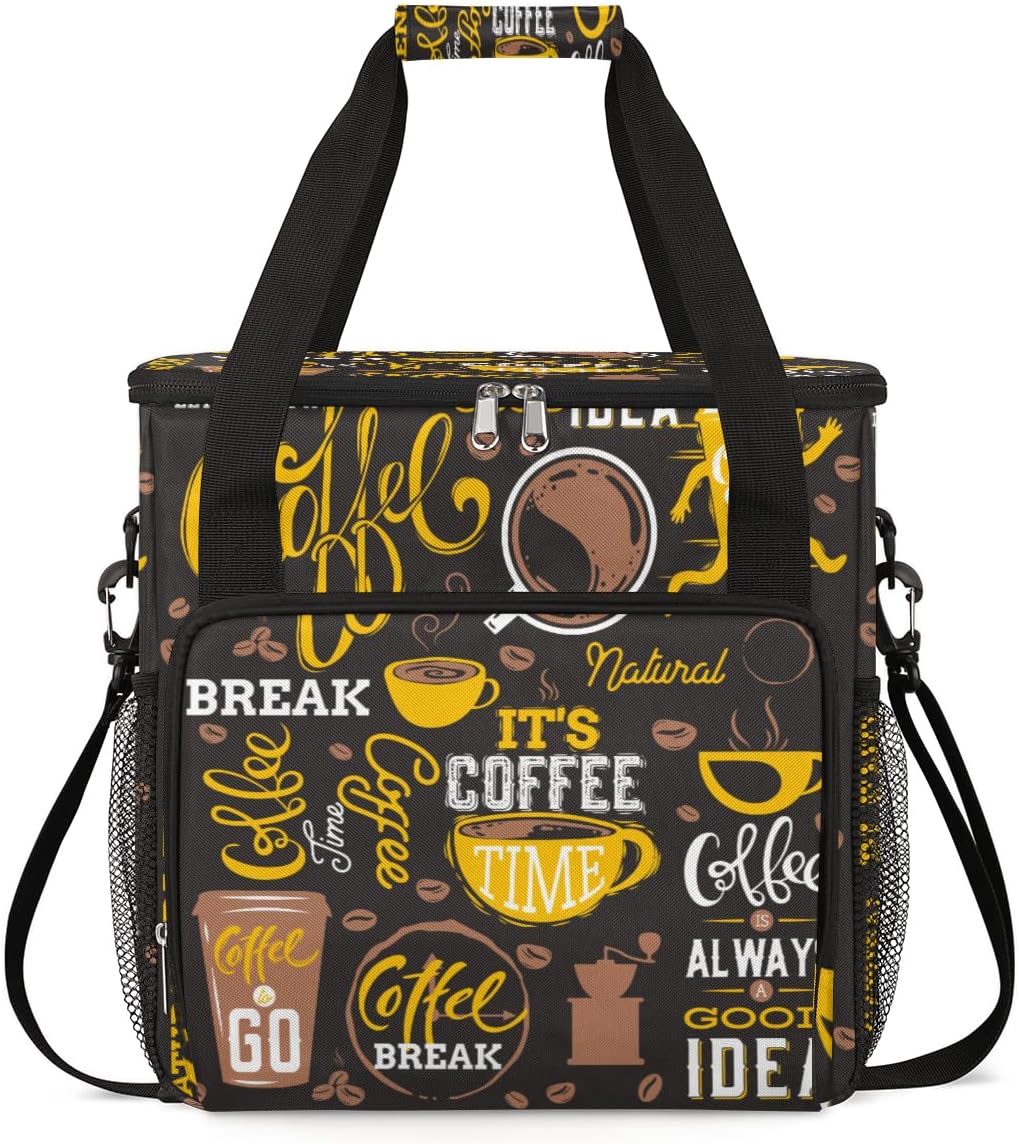 Yellow Coffee Break Cafe Maker Carring Bag Travel Carrying Storage Tote Compatible with Keurig K-Mini or Plus Portable Single Serve Brewer Case Pockets for K-cup Pods