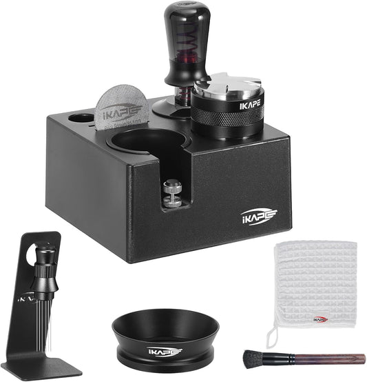 IKAPE 58mm Black Espresso Tool Set 8 IN 1, Coffee Tamper, Distributor, Magnetic Funnel, Puck Screen, Tamper Station, Stirrer Distribution Tool, Cleaning Towel and Brush