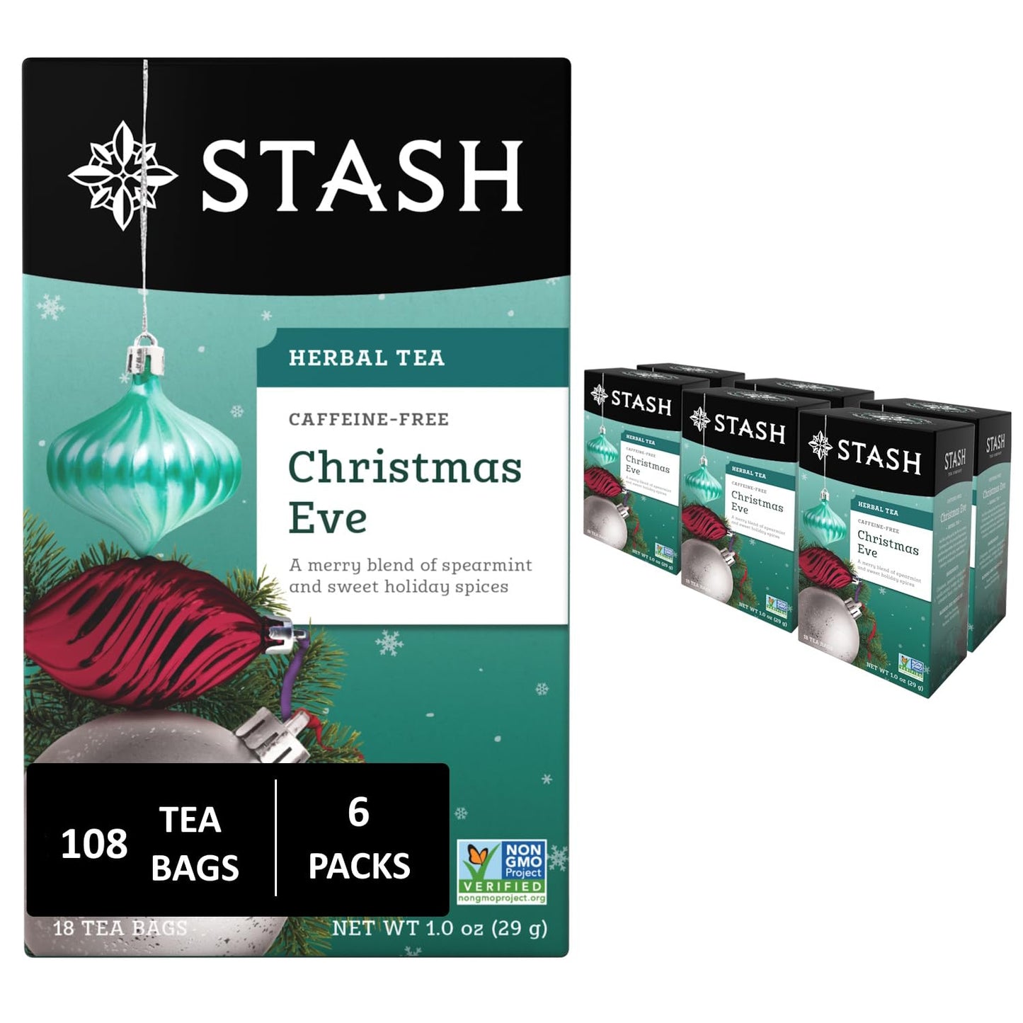 Stash Tea Christmas Eve Herbal Tea - Naturally Caffeine Free, Non-GMO Project Verified Premium Tea with No Artificial Ingredients, 18 Count (Pack of 6) - 108 Bags Total