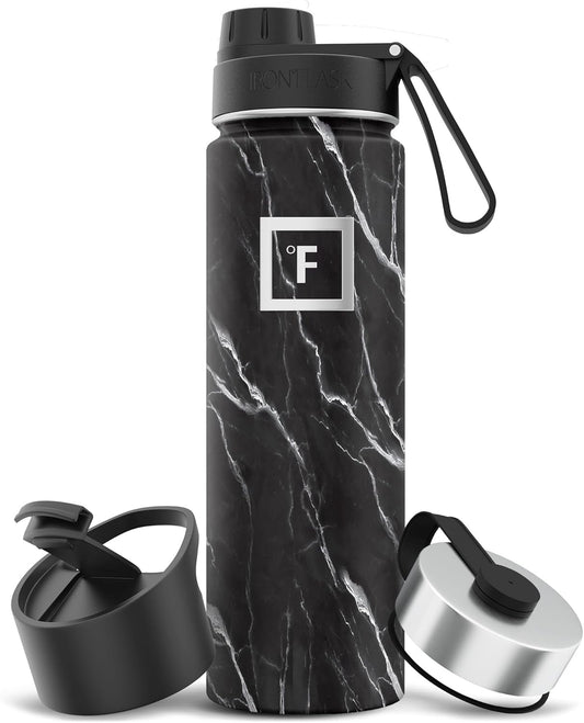 IRON °FLASK Camping & Hiking Hydration Flask with 3 Lids - Stainless Steel, Double Walled & Vacuum Insulated Water Bottle - Leak Proof & BPA Free (Black Marquina, Spout - 22 oz)