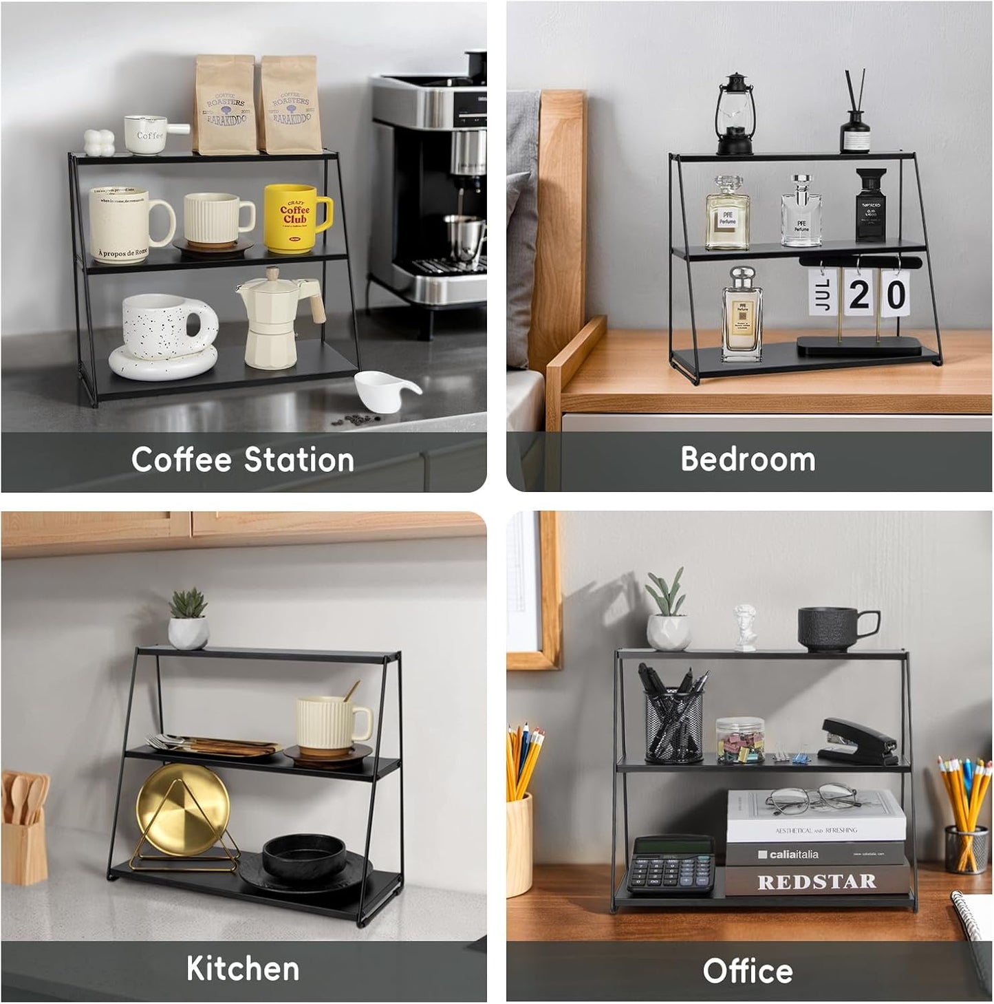 PUERSI Coffee Mug Holder, Metal Mug Display Rack for Countertop, 3 Tier Mug Shelf, Coffee Station Accessories Organizer for Kitchen, Office, Home - Black