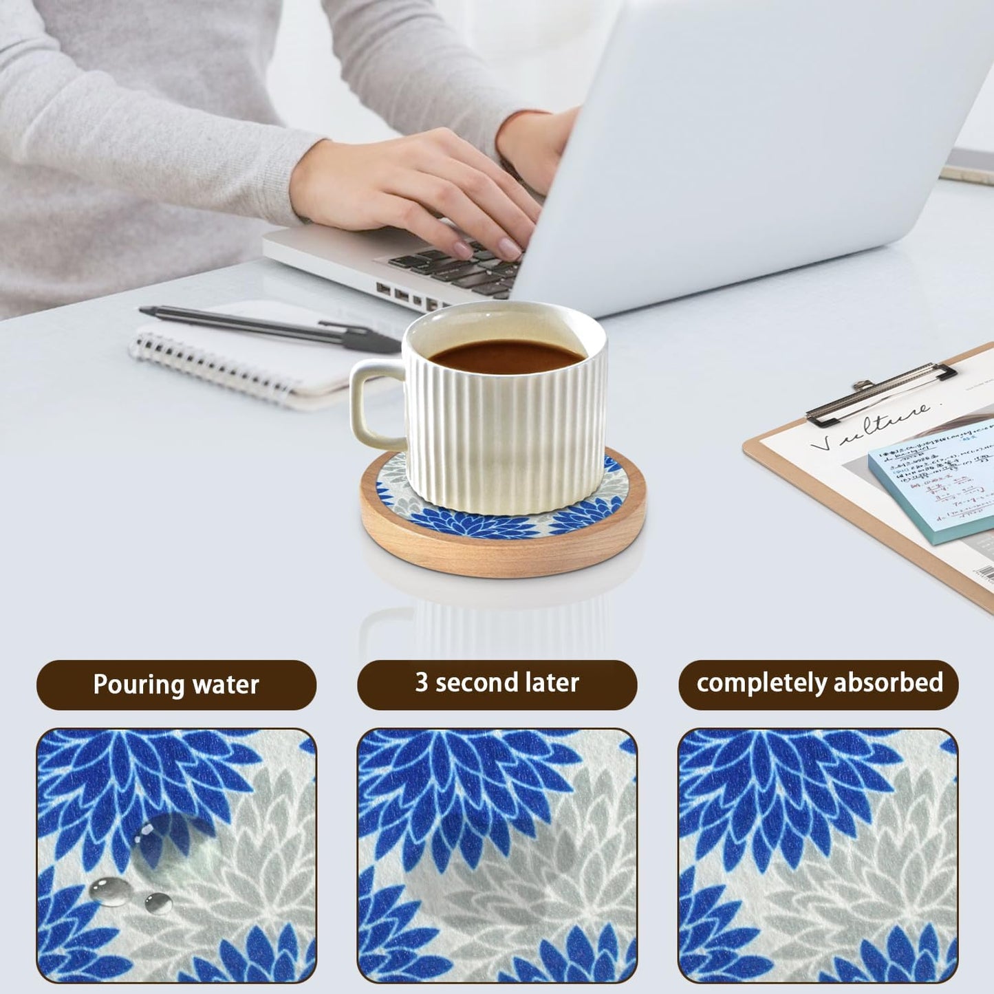 Wood Coasters Set of 6 with Holder, Cewiru Cup Mat for Drinks, Absorbent Coasters with Felt Insert for Coffee Table Protection, Modern Style Home Dining Table Decor, 4.3" Blue