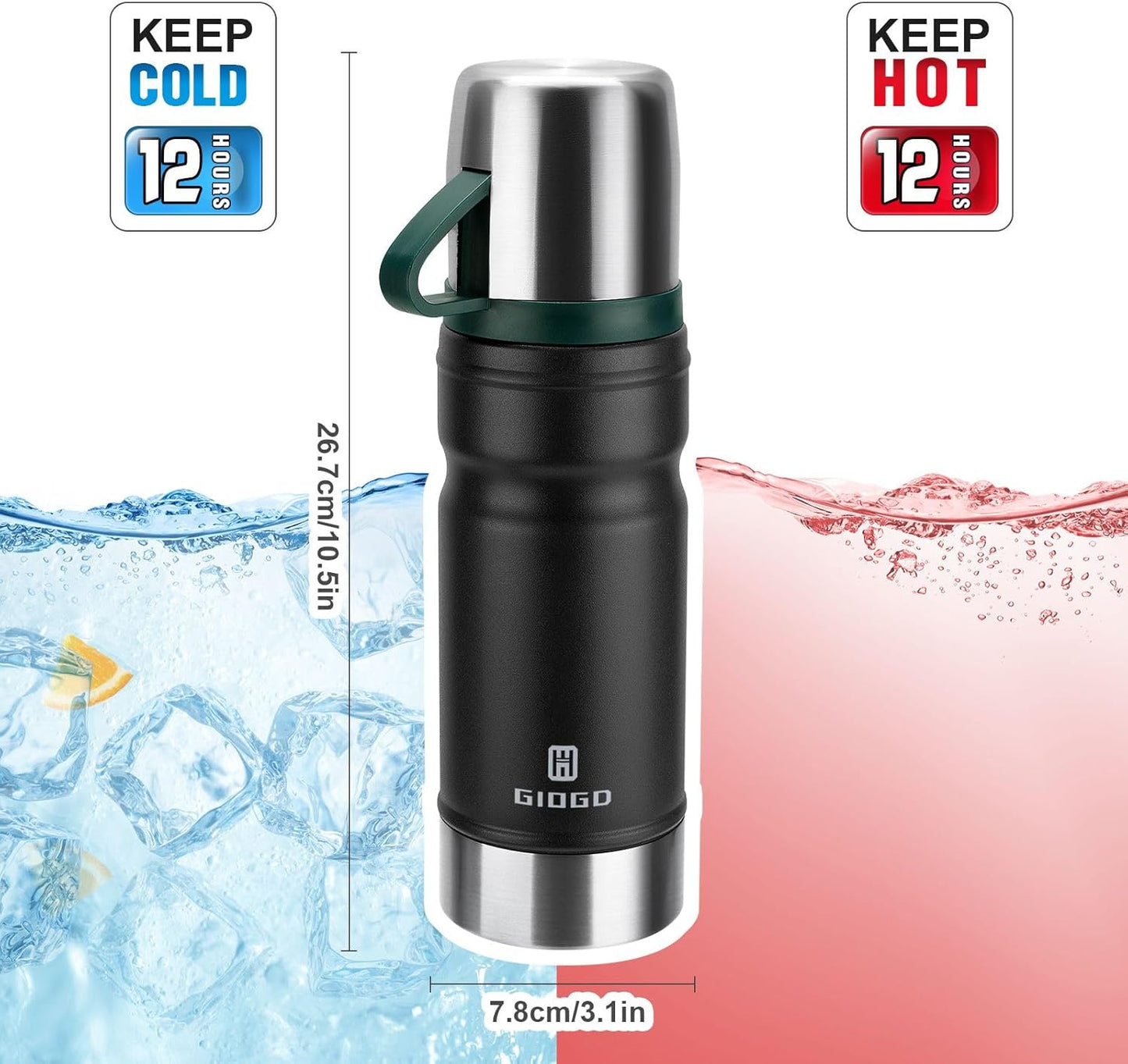 Vacuum Insulated Water Bottle Thermo Water Flask with Cup 680ml/23oz Stainless Steel Thermal Water Bottles Thermo for Hot and Cold Drinks Coffee Water(Black,Single)