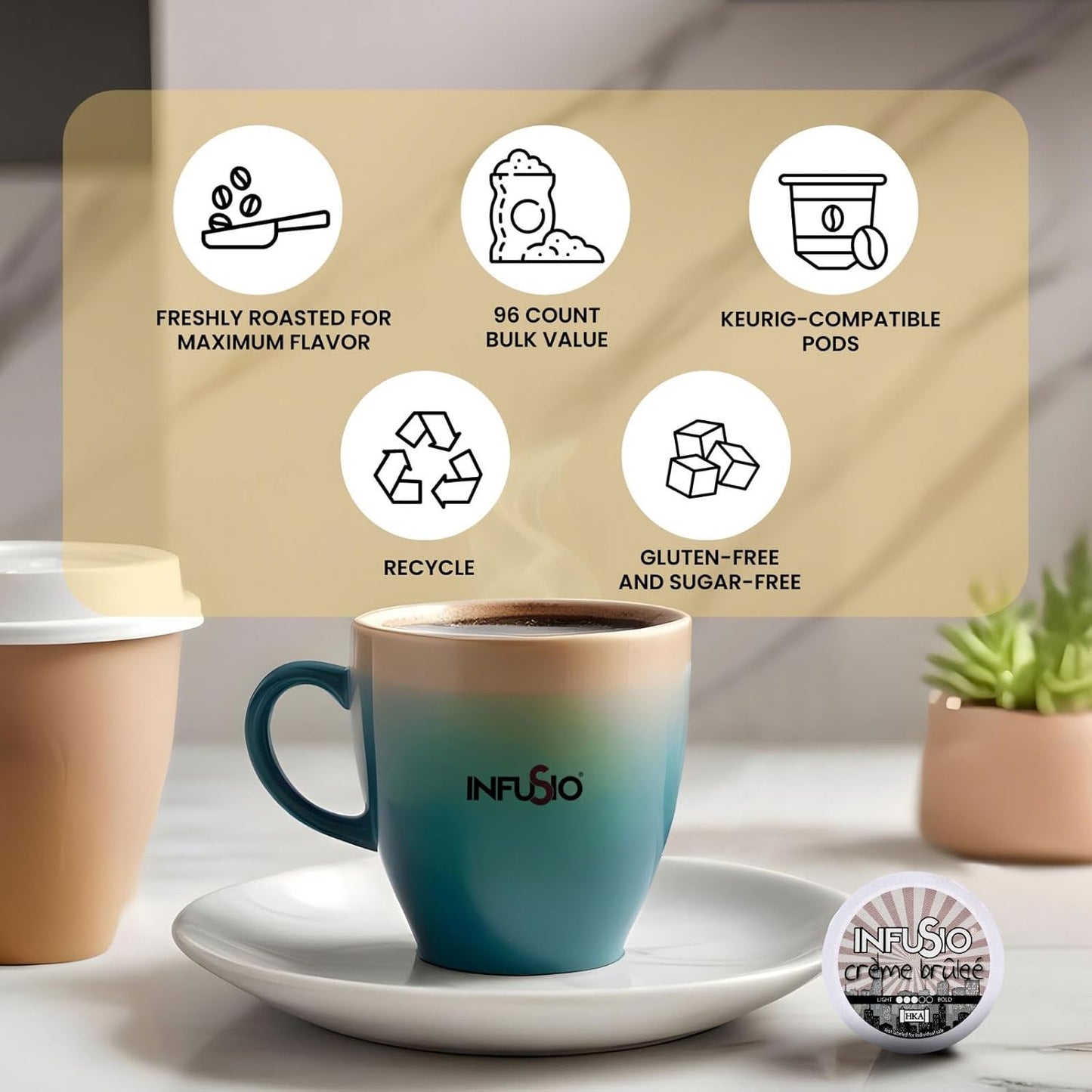 InfuSio Coffee Pods 96 Count Crème Brulee Medium Roast Single Serve Coffee Pods for Keurig K Cups Brewers - InfuSio Premium Roasted Keurig 2.0 Compatible