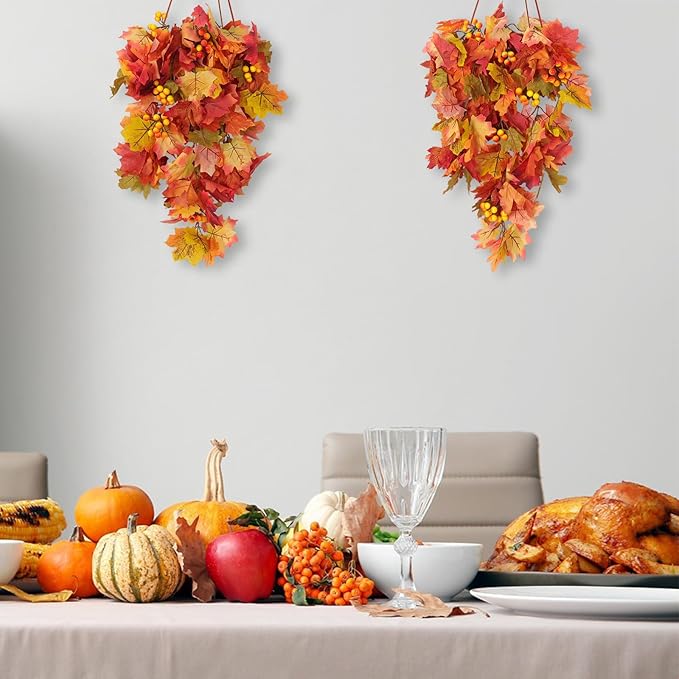 RECUTMS Fall Leaves Hanging Plant Artificial Fall Leaves Garland with Berry Fake Autumn Wall Hanging Leaf Vines for Home Halloween Party Door Frame Fireplace Decoration(Orange with Berry)
