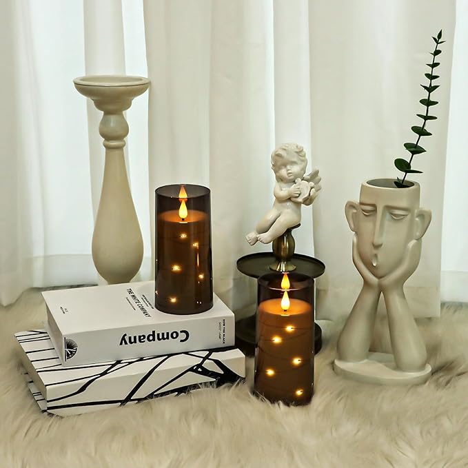 Aignis Flickering Flameless Candles Battery Operated Candles LED Candles with Remote Timer for Home/Wedding/Birthday/Holiday Decor ，Grey 3D Flame Set of 2 (D3 xH6 6")
