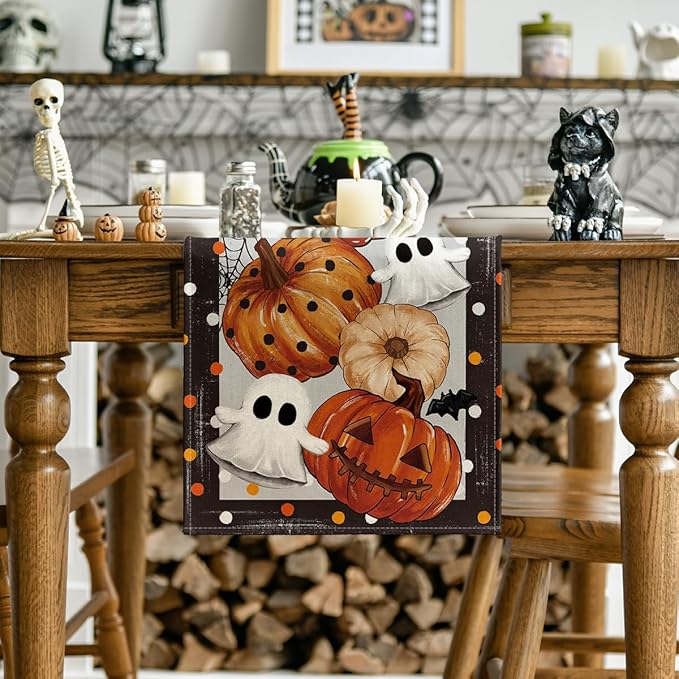 Artoid Mode Jack-O'-Lantern Pumpkin Ghost Spider Web Halloween Table Runner,Holiday Kitchen Dining Table Decoration for Home Party Decor 13 x 72 Inch