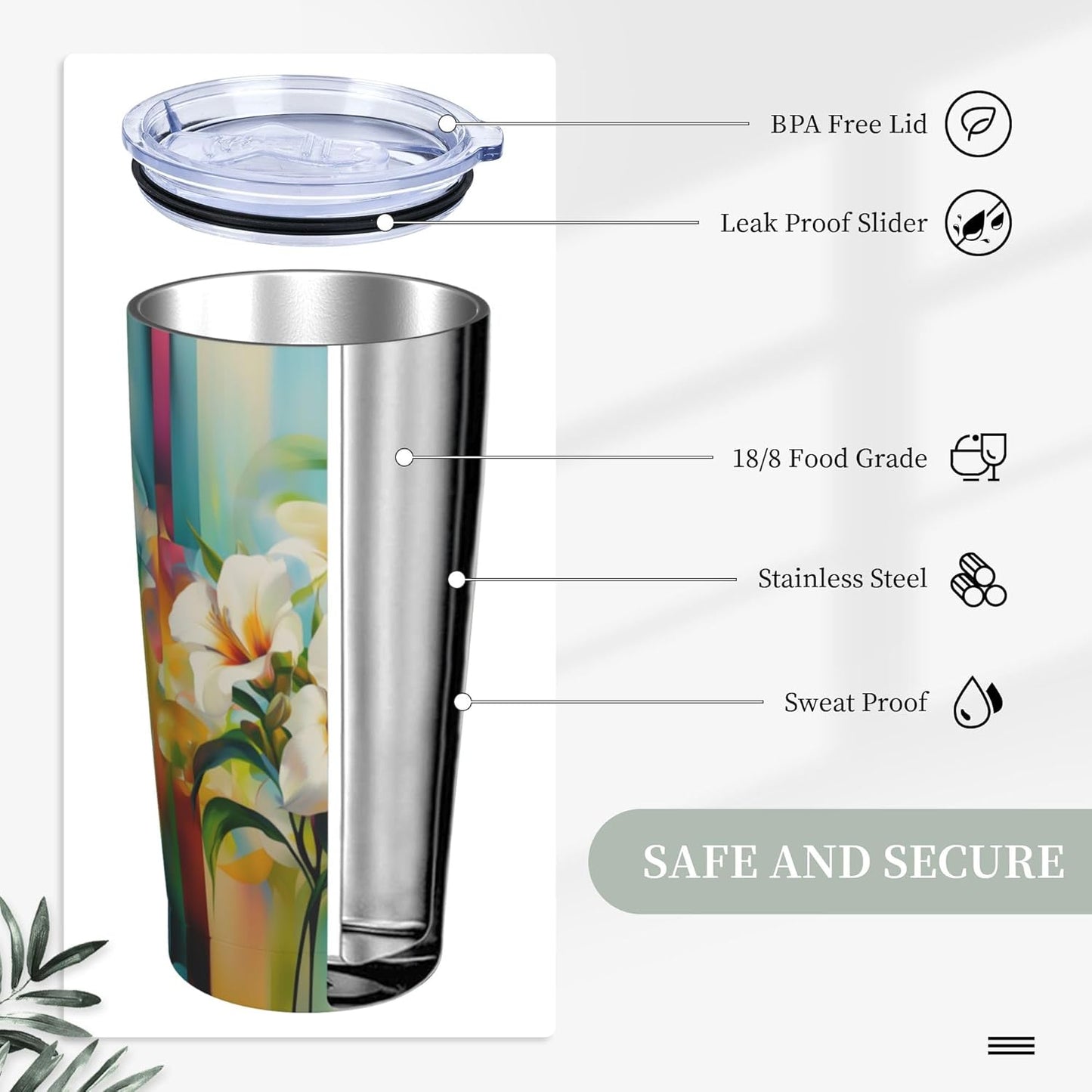 Floral Tumbler with Lid and Straw 20oz Coffee Tumblers Leakproof Stainless Steel Travel Mug Vacuum Insulated Cup for Iced and Hot