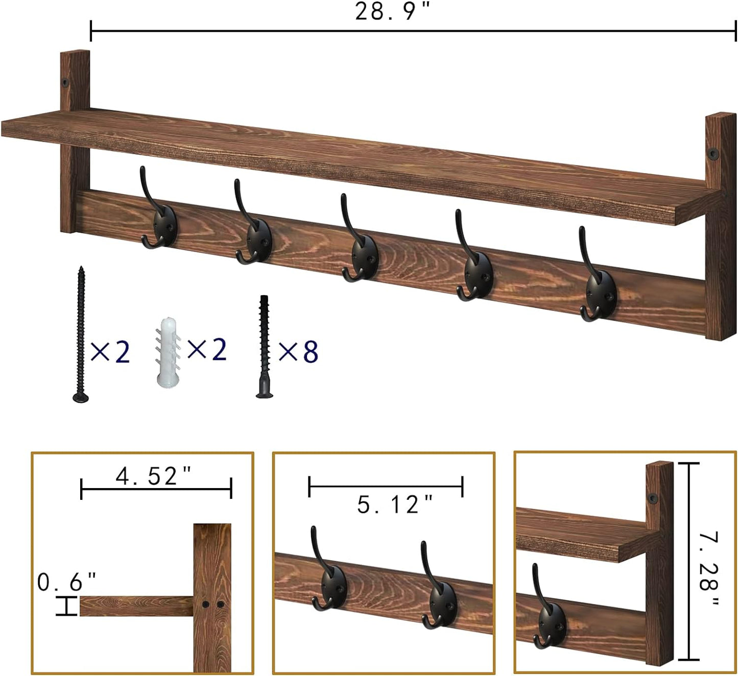 BAMEOS Wall Mounted Coat Rack with Adjustable Easy Install, Rust Proof, Brown Wooden Material, 28.9 Inch Length