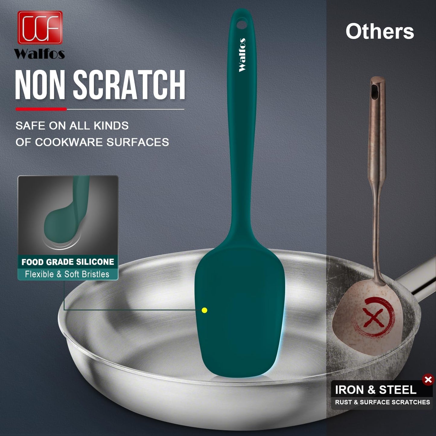 Walfos Silicone Spatula Set of 7 - (600°F) High Heat Resistant Dark Green Kitchen Scraper Spatulas, One-Pieces Seamless Design, Perfect for Cooking Mixing & Baking - BPA Free and Dishwasher Safe