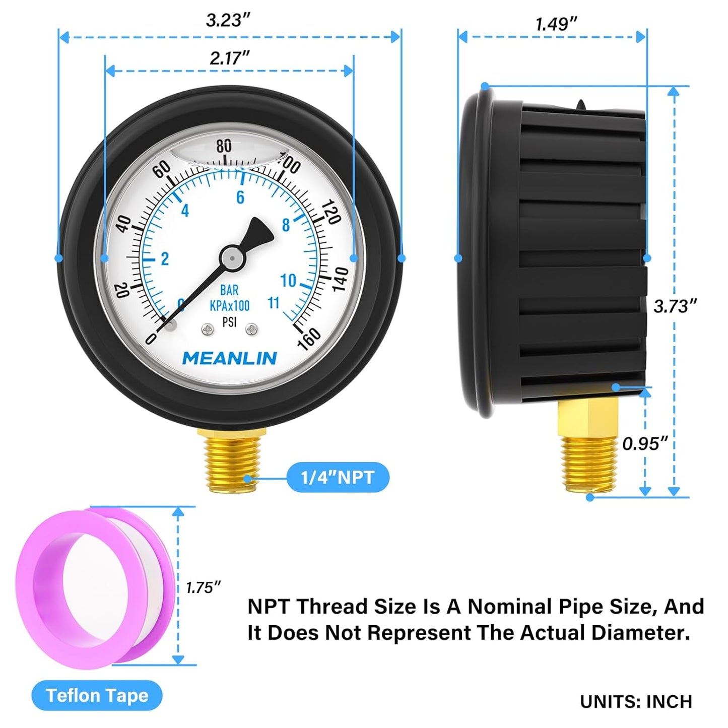 MEANLIN MEASURE 0~160Psi Stainless Steel Liquid Filled Pressure Gauge 1/4" NPT 2.5" FACE DIAL with Rubber Protective Sleeve, Lower Mount