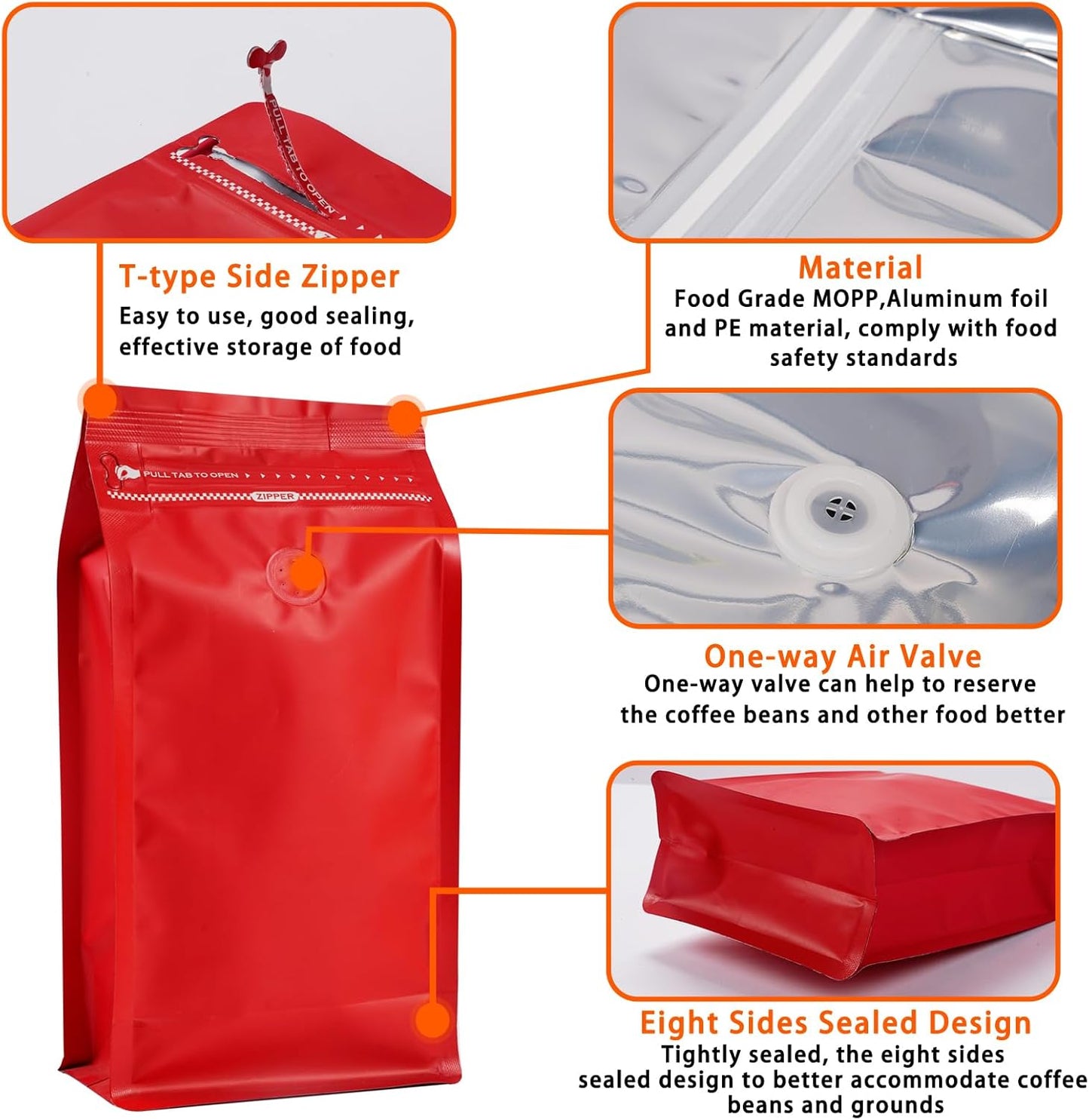 Coffee Bags with Valve (50 PCS,16oz/1lb) Red High Barrier Aluminum Foil Flat Bottom Standing Coffee Beans Storage Packaging Bags, Reusable Heat Seal Side Zipper Pouches for Small Business and Home