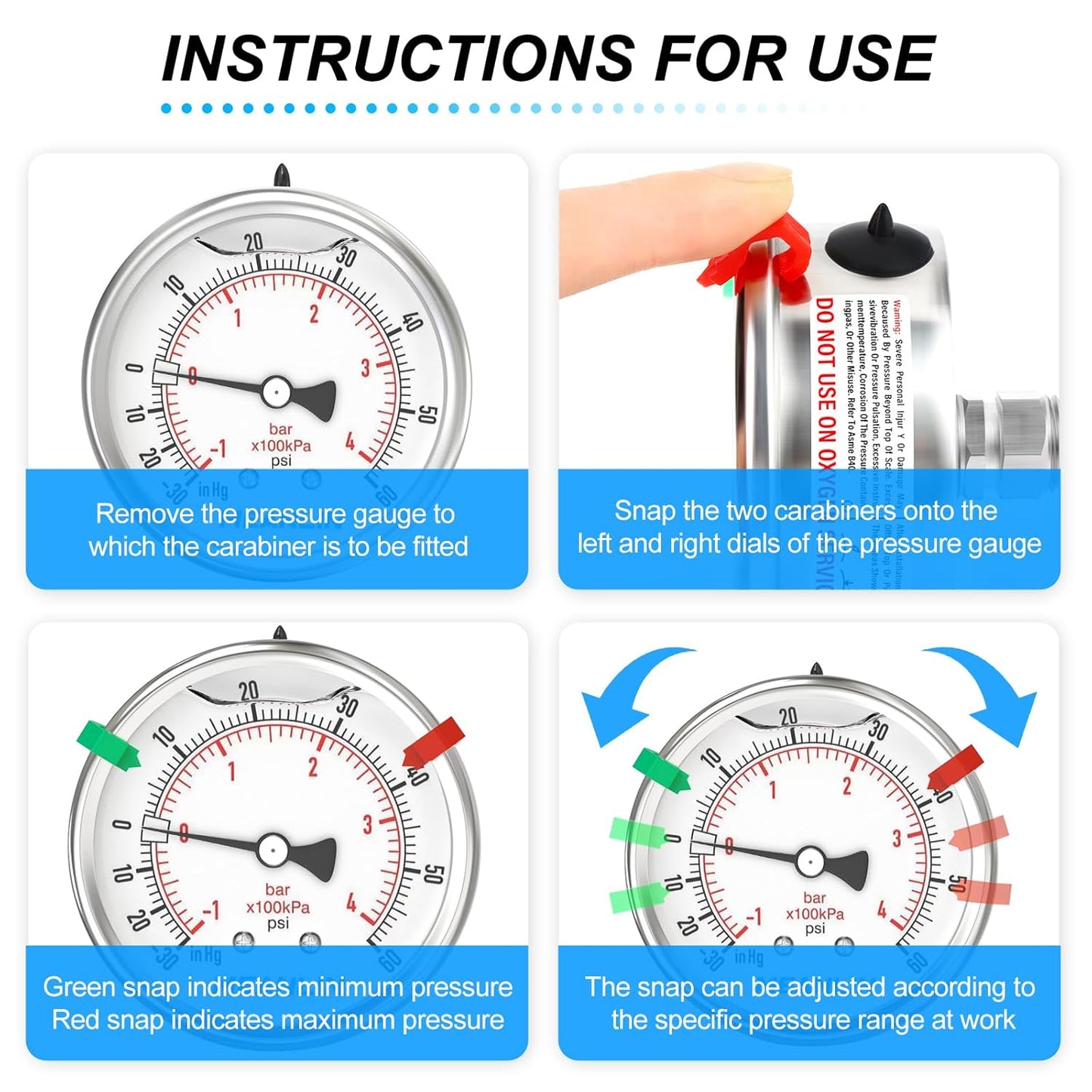 MEANLIN MEASURE -30inHG~60Psi Vacuum Pressure Gauge 316 Stainless Steel Joint 1/4"NPT 2.5"FACE DIAL, Liquid Filled Pressure Gauge WOG Water Oil Air Back Mount with Stainless Steel Hex Bushing, Snaps