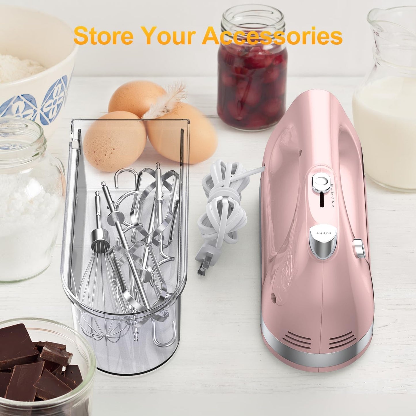 Hand Mixer Electric, 400W Food Mixer 5 Speeds Handheld Blender, 5 Stainless Steel Accessories, Storage Box, Kitchen Blender with Cord for Cream, Cookies, Dishwasher Safe, Pink