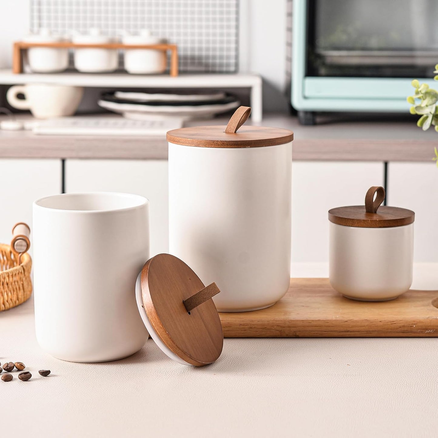 White Ceramic Canister Set with Bamboo Lids, 3-Piece Airtight Food Storage Jars for Kitchen - Flour, Sugar, Coffee, Tea, Spice - Small, Medium, Large Sizes