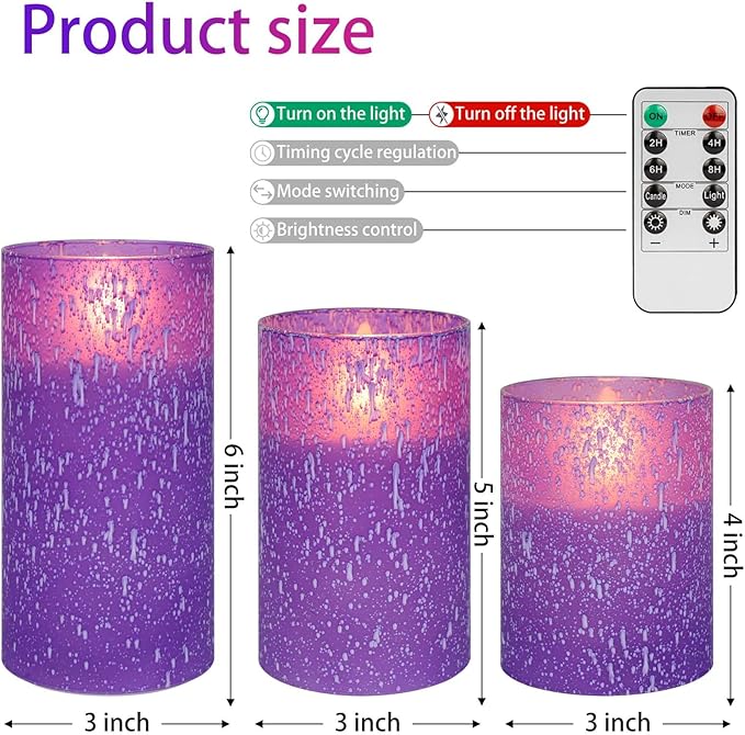 Purple Flameless Candles with Remote and Timer, Flickering Real Wax Battery Operated Candles, Set of 3 LED Pillar Candles for Halloween Christmas Wedding Home Decor
