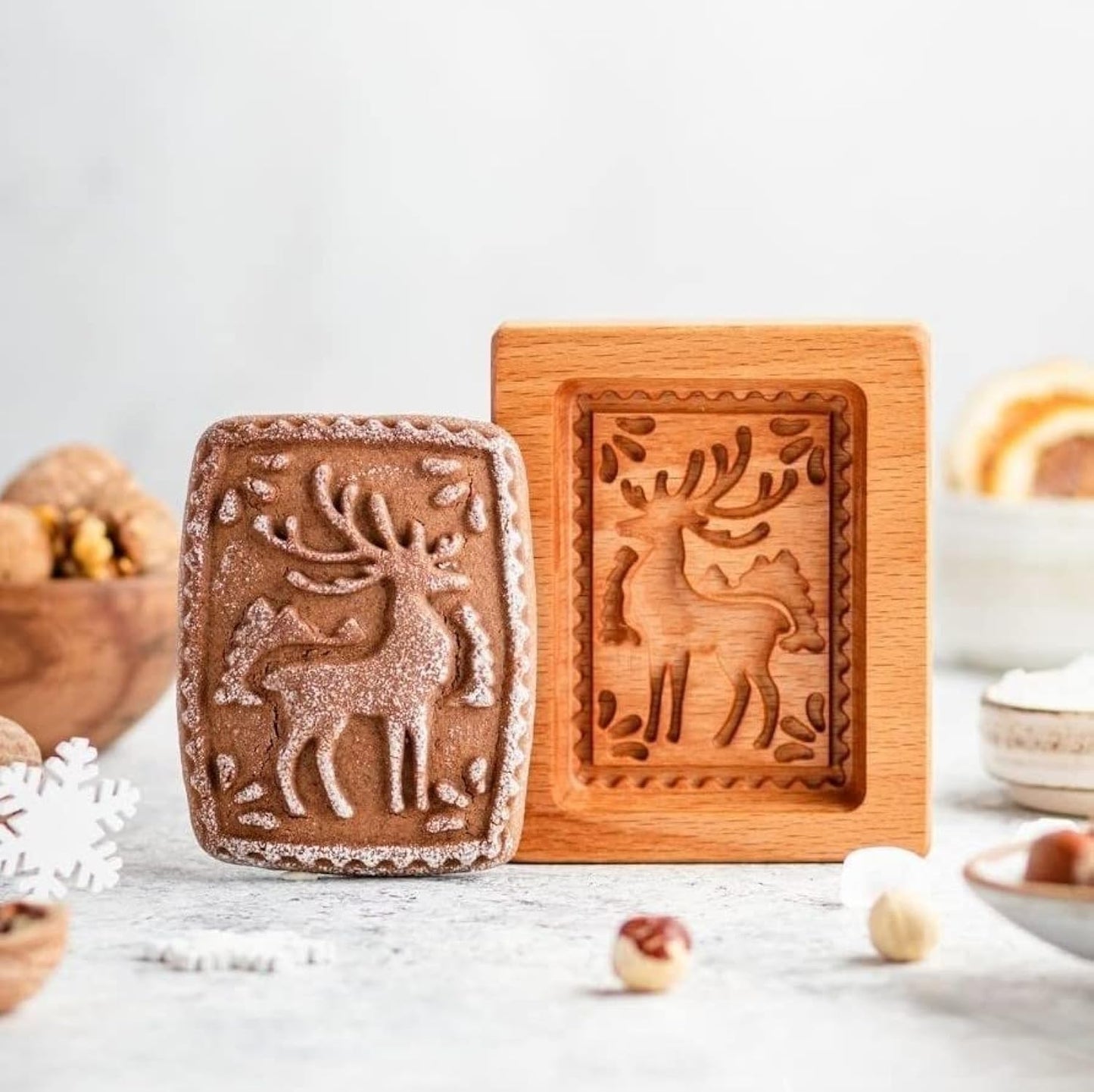 MOTEERLLU Wooden Cookie Molds Baking, Wood Cookie Stamp Cutter Carved Biscuit Embossing Gingerbread Mold