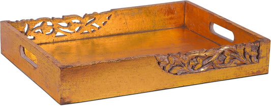 Coffee Table Tray (Distressed Gold) - “Flourish” Wood Serving Tray w/Handles for Breakfast in Bed - Mango Wood Decorative Tray w/Felt Pads - Medium Size Tray - 16” x 12” x 2.5”