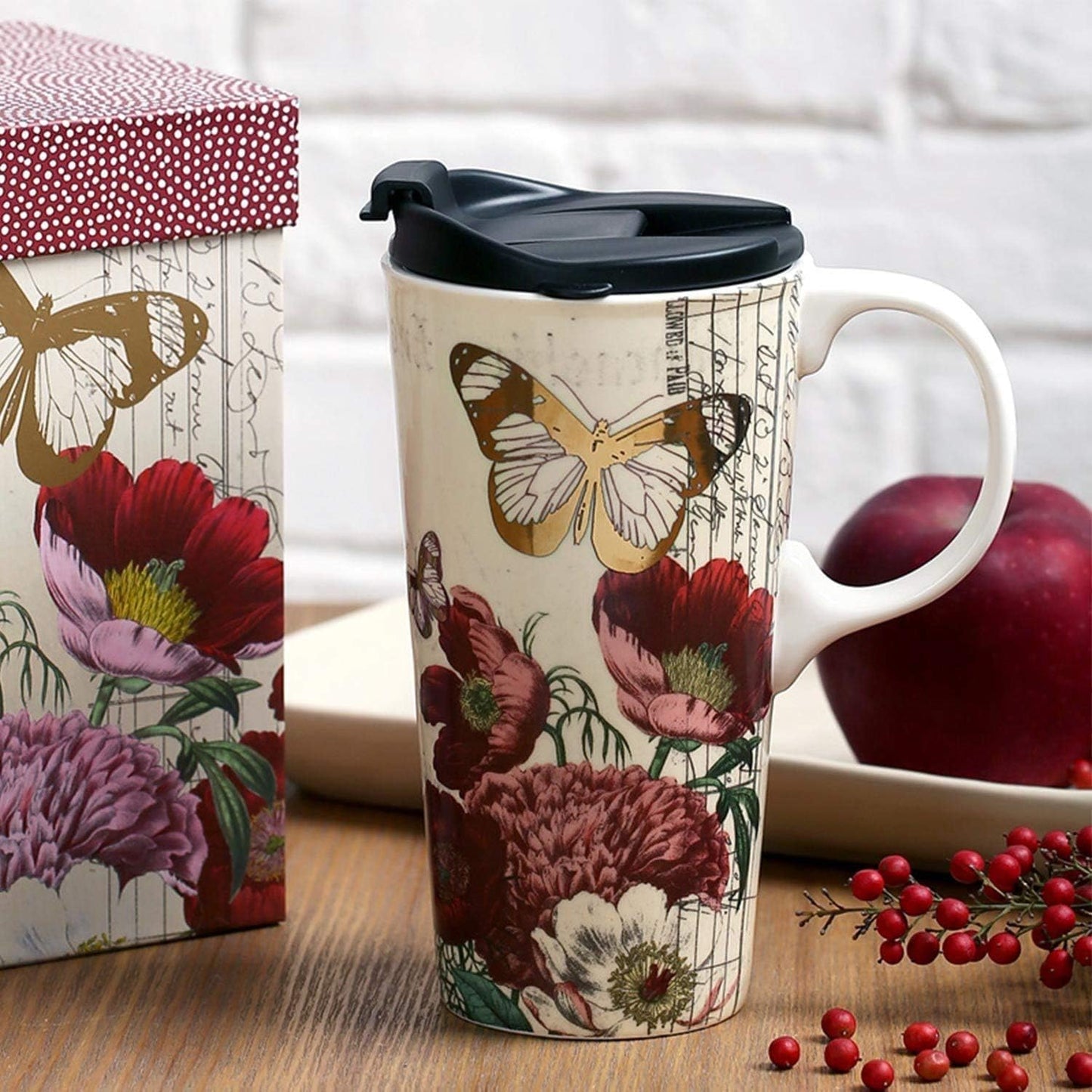 Topadorn 17 OZ Ceramic Coffee Mug Travel Cup with Lid and Gift Box, Red Flower and Butterfly
