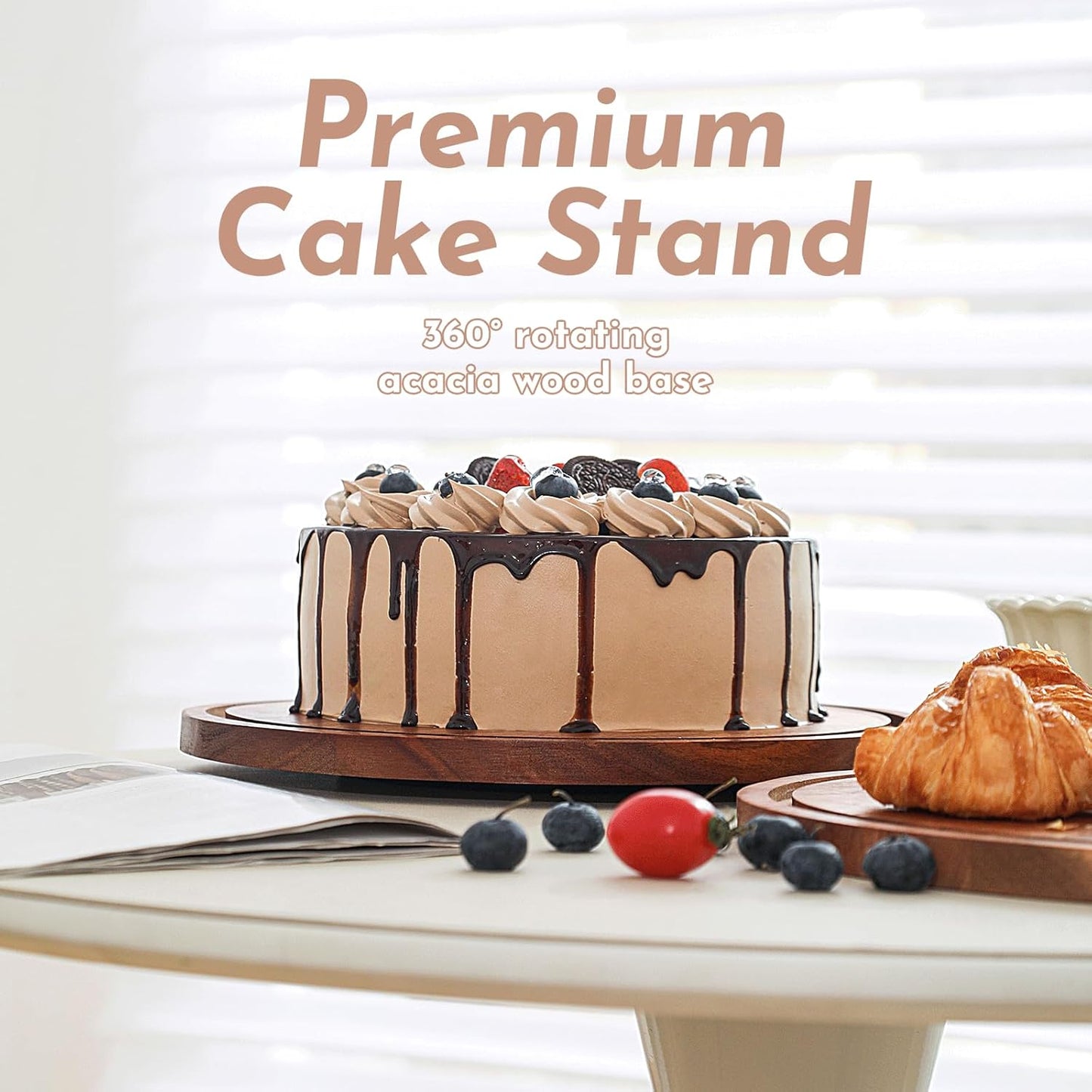 Acacia Wood Cake Stand with Acrylic Dome Lid, Cake Holder 360° Rotating, Dessert Display Stand with Dome Cover, Charcuterie Boards for Cheese, Chips, Fruit, Cake Board, Cake Plate for Party, Wedding