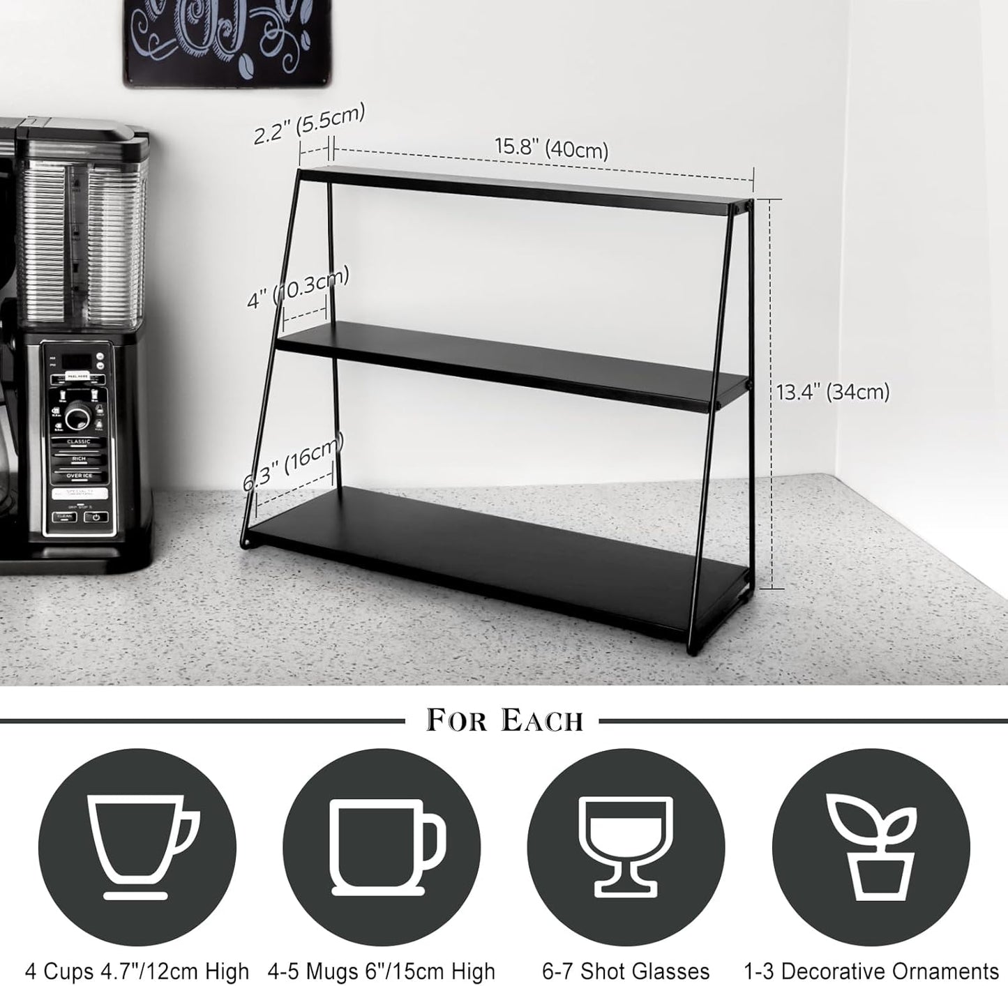 PUERSI Coffee Mug Holder, Metal Mug Display Rack for Countertop, 3 Tier Mug Shelf, Coffee Station Accessories Organizer for Kitchen, Office, Home - Black