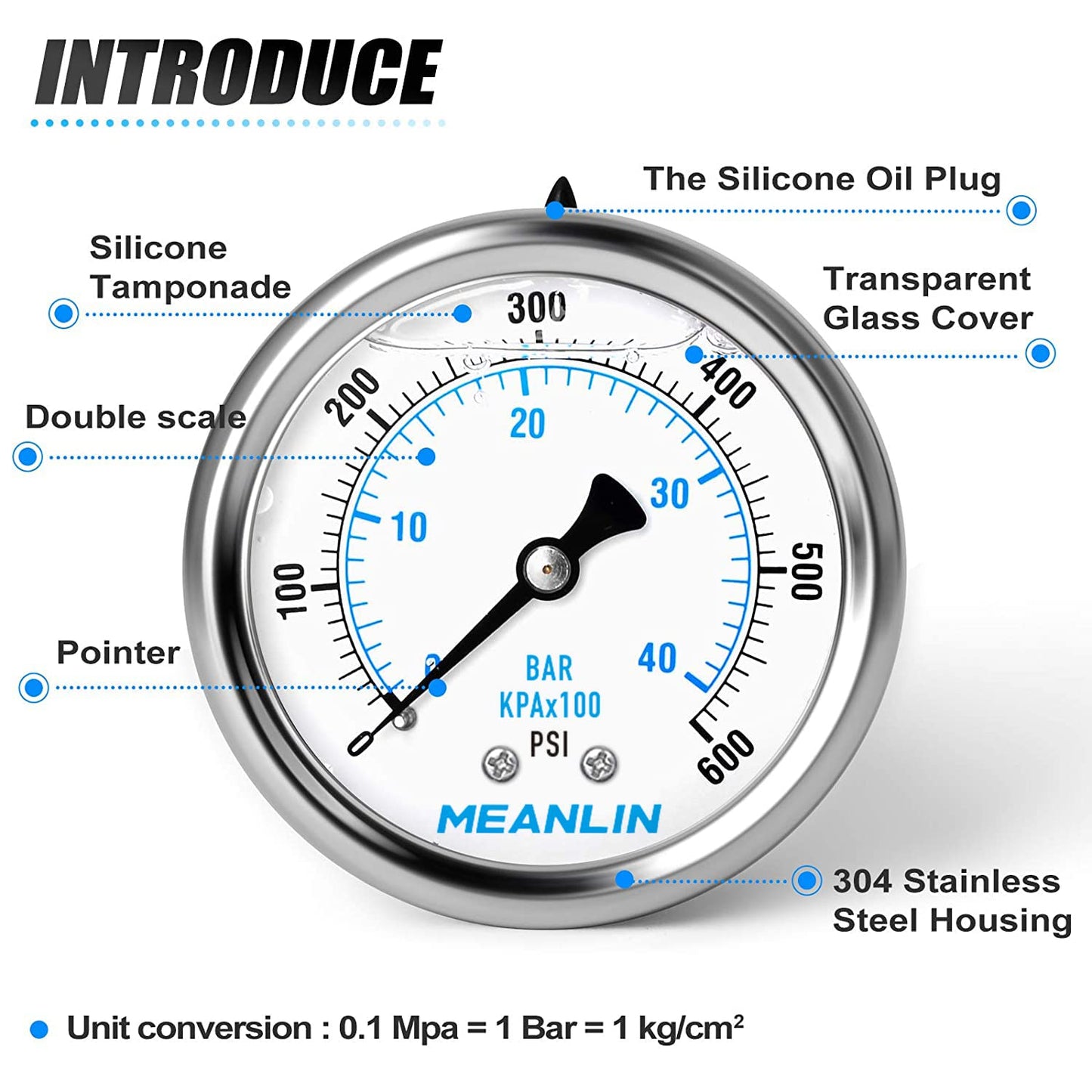 MEANLIN MEASURE 0~600Psi Stainless Steel 1/4" NPT 2.5" FACE DIAL Liquid Filled Pressure Gauge WOG Water Oil Air Center Back Mount, with 1/2" NPT and 3/8" NPT Hex Bushing