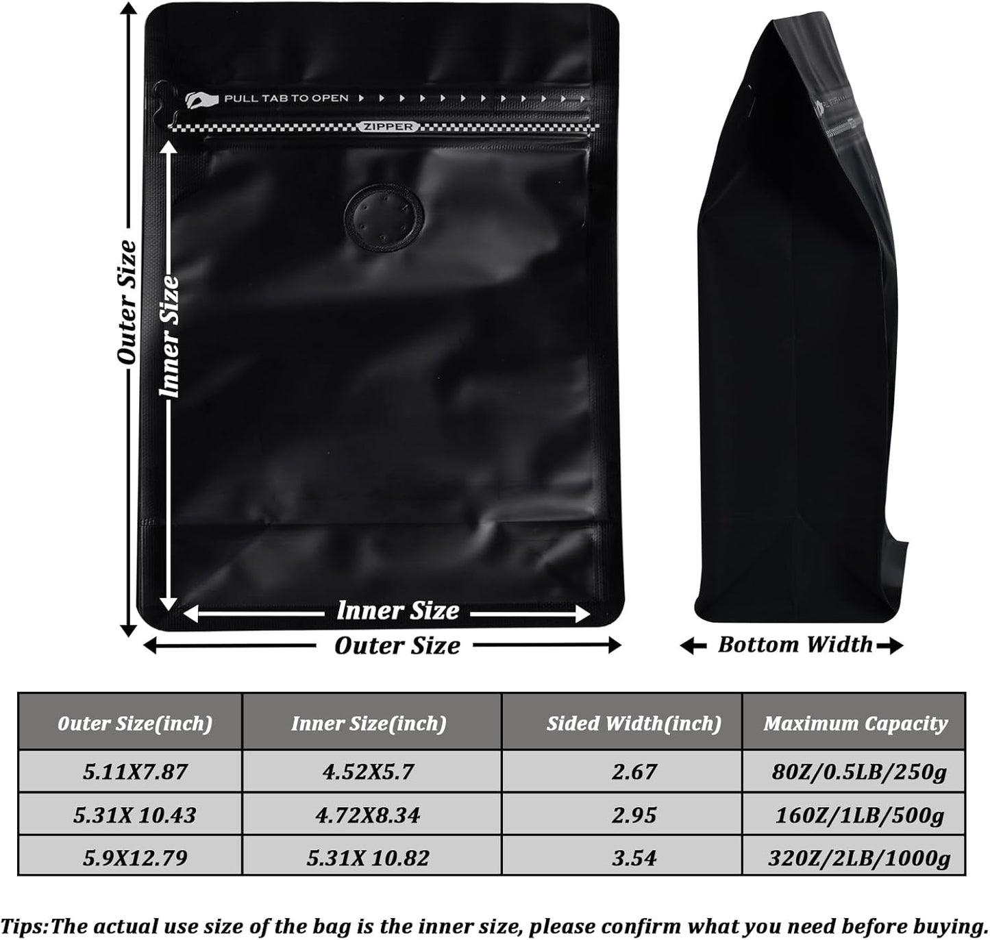 Coffee Bags with Valve (50 PCS,16oz/1lb) Black High Barrier Aluminum Foil Flat Bottom Standing Coffee Beans Storage Packaging Bags, Reusable Heat Seal Side Zipper Pouches for Small Business and Home