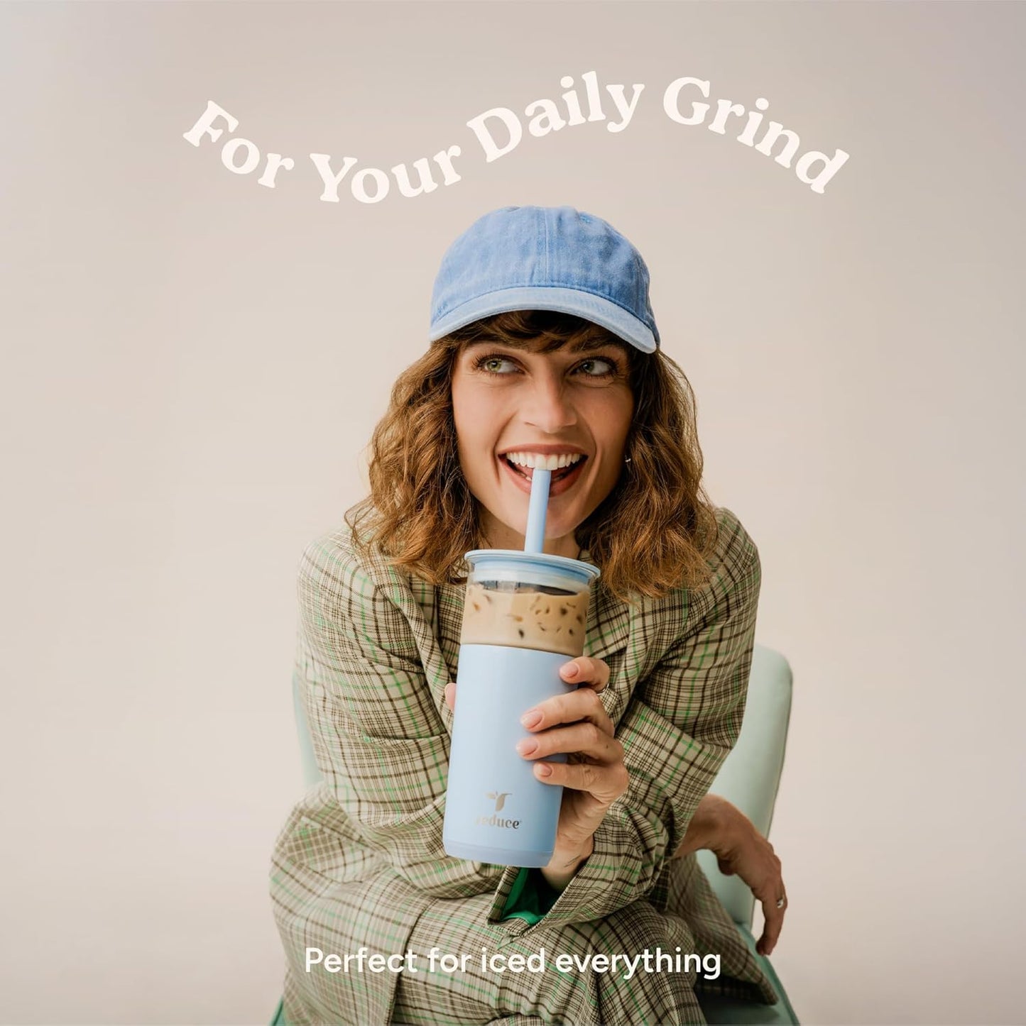 REDUCE Aspen 20 oz Vacuum Insulated Glass Tumbler with Lid & Extra Wide Straw - Keeps Drinks Cold for 12 Hrs - Ideal for Iced Coffee, Smoothies & Boba - Dishwasher Safe, Soft Base - Unbleached