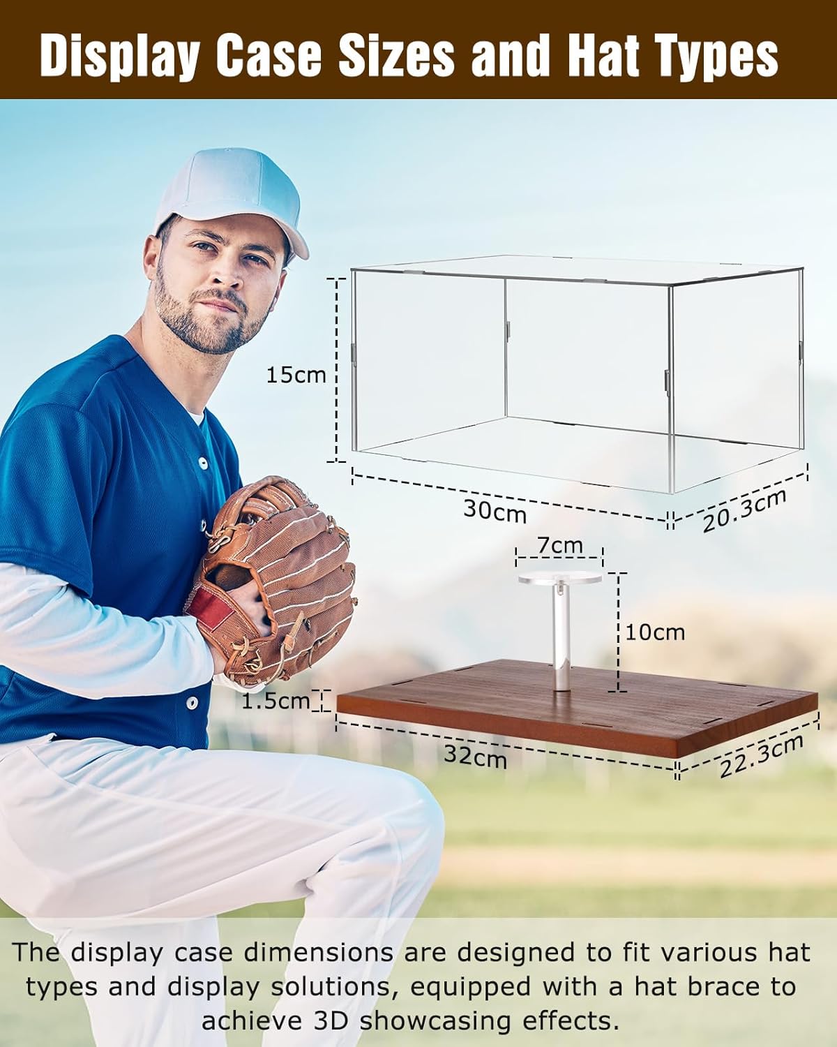 Hat Display Case, Acrylic Baseball Cap Display Box, UV Fade Protection, Solid Wood Base & Cap Shaper, Signed Hat Collector's Showcase, for Cap Enthusiasts, 11.8" x 7.8" x 5.9"