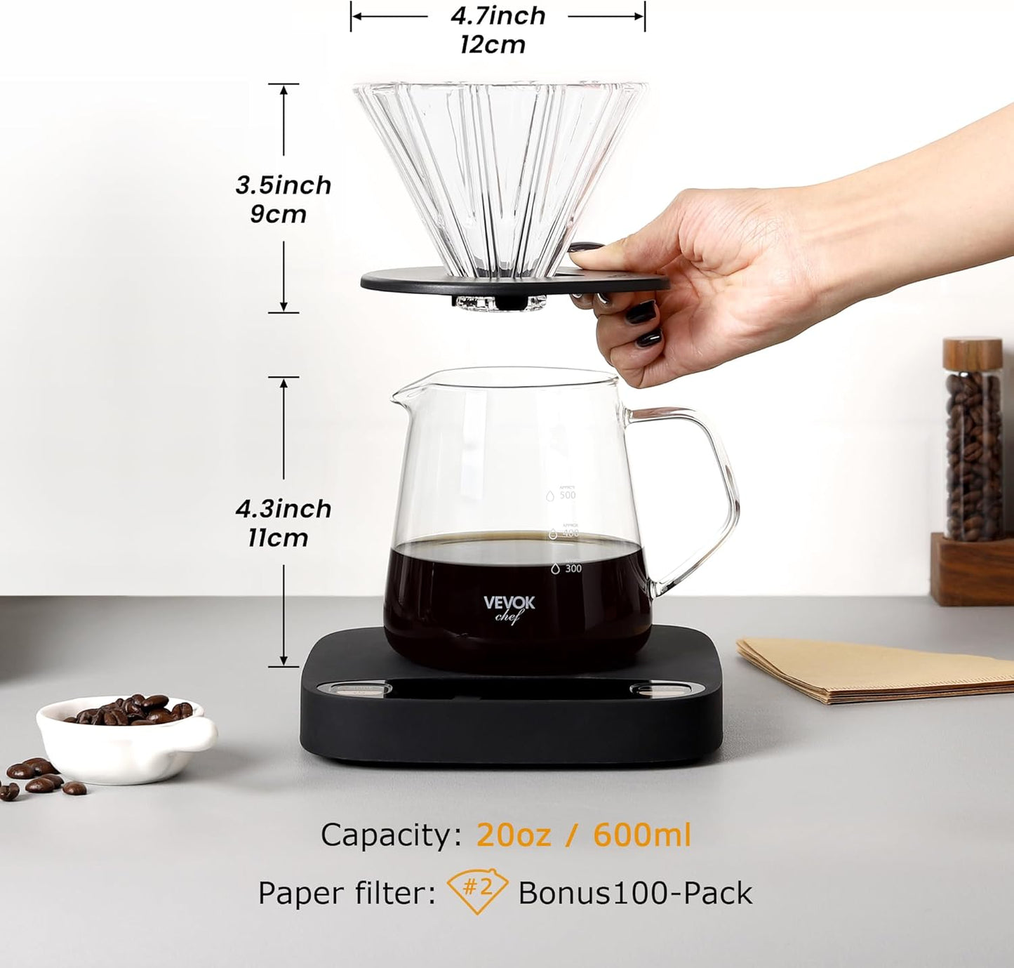 VEVOK CHEF Pour Over Coffee Maker Set, 20 Oz Borosilicate Glass Server Carafe and Glass Coffee Dripper with 100pcs Cone Paper Filter, Hand Coffee Brewer for Home, Camping, Outdoor