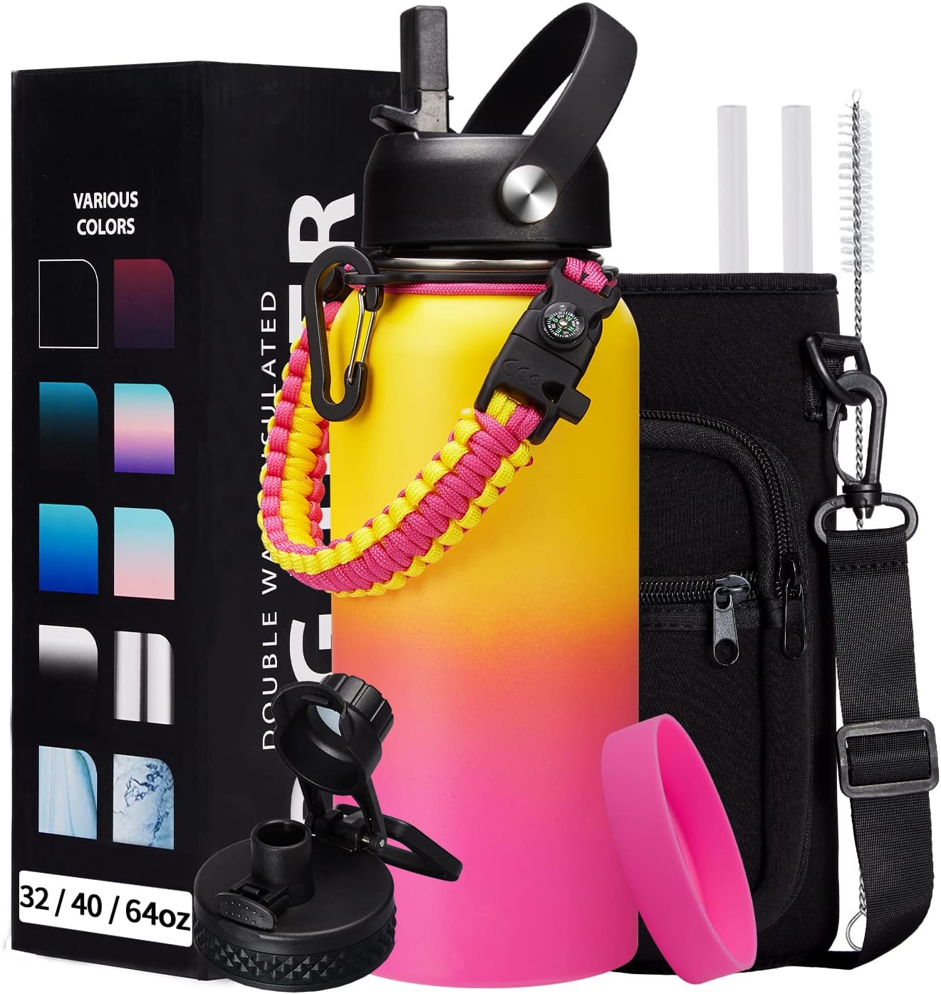 32/40/64oz Insulated Water Bottle with Paracord Handle, Sleeve Carry Strap, Straw Spout Lid, Wide Mouth Metal Canteen Sports Thermo Mug, Leak & Sweat Proof Cold Flask Jug for Camping Traveling