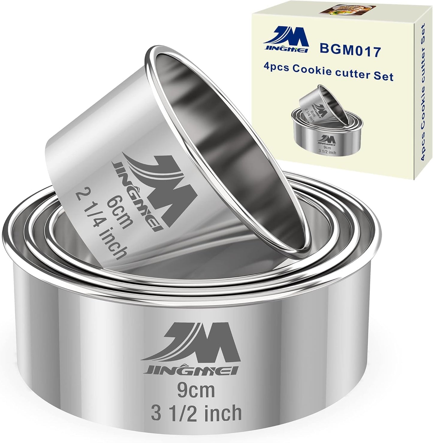 M JNGMEI 4 Pieces Stainless Steel Cookie Cutter Set 2.25inch, 2.75inch, 3.25inch,3.5inch Biscuit Plain Edge Round Cutters Sizes Shape Molds GIFT PACKAGE