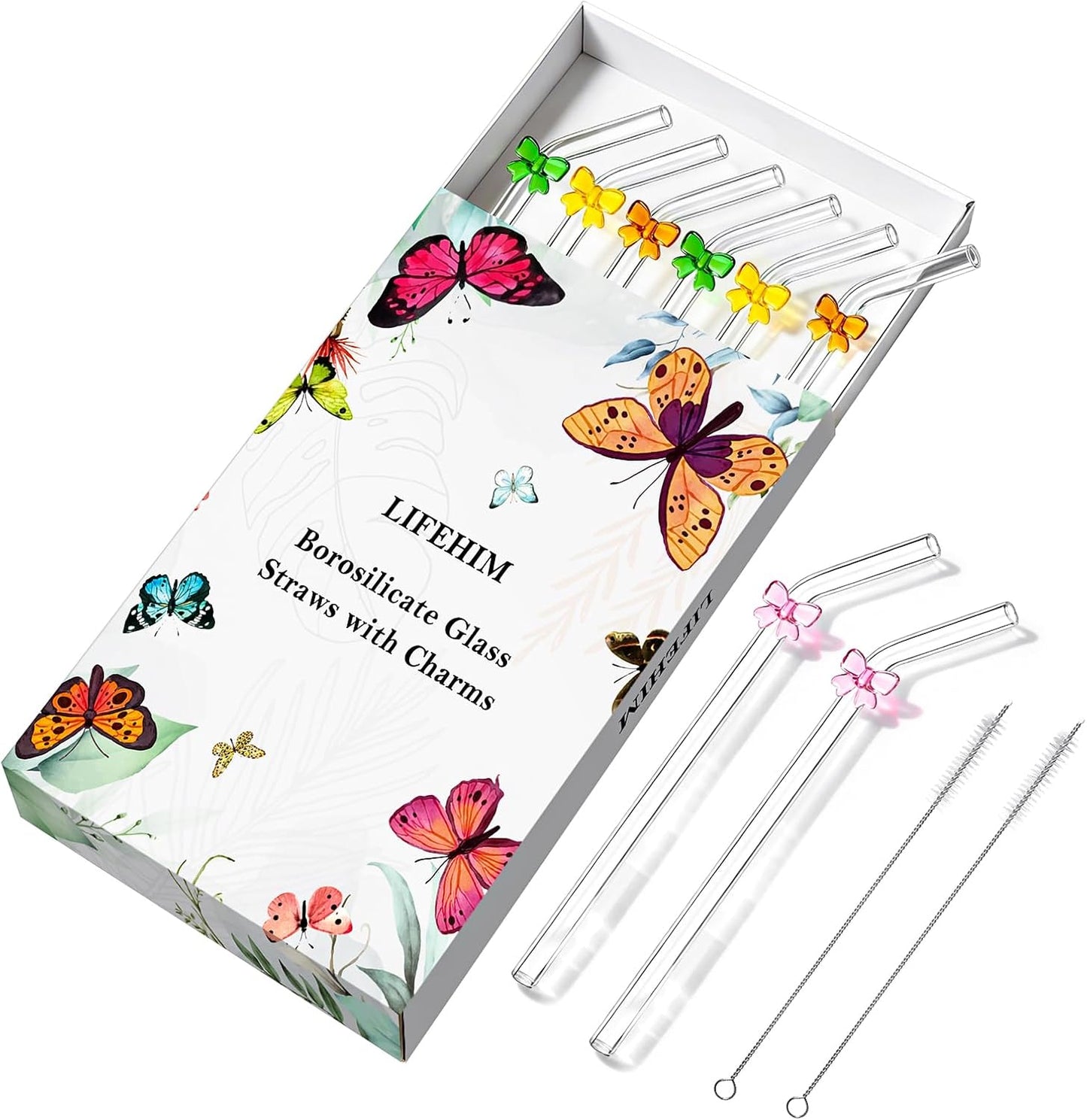 Cute Glass Straws with Charms, Bent 8mm 9in Clear Borosilicate Reusable Drinking Straws with Handmade Colored Bows for Cocktail, Iced Coffee, Tumbler, Mason Jars, Party & Gift Set with Case and Brush